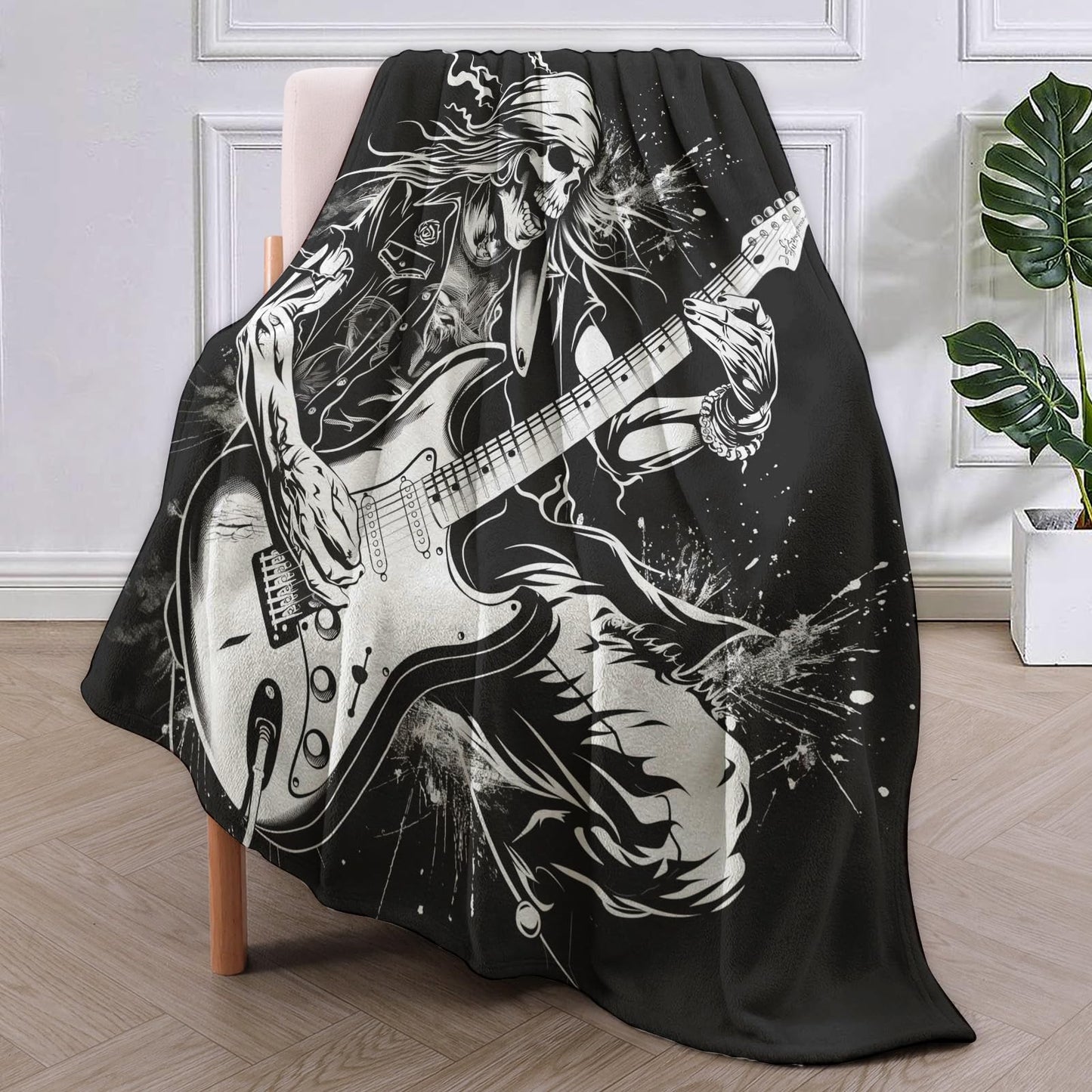 VANZEV Rock Guitar Skeleton Throw Blanket Gifts, Soft Cozy Fleece Blanket with Edgy Skull and Guitarist Print, Blanket for Couch Bed Sofa, Perfect for Music Lovers and Rock Fans, 50x60 in