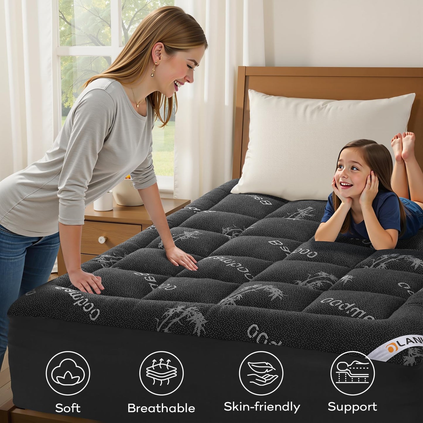 OLANLY Queen Mattress Topper, Bamboo Viscose Cooling Pillow Top Mattress Pad, Soft Plush Down Alternative for Firm Mattress, Back & Hip Pressure Relief, Machine Washable, Deep Pocket, Dark Gray