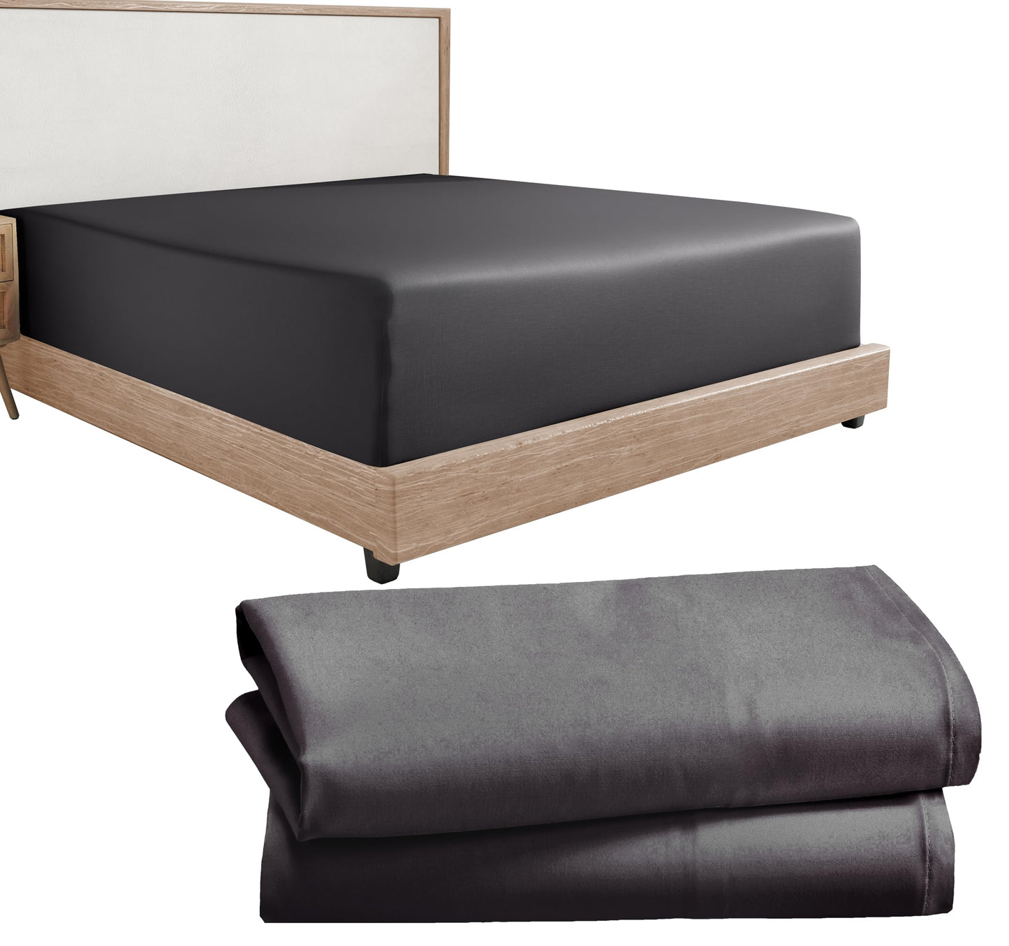 3-Piece Bundle - Fitted Sheet with 2 Pillowcases, Soft 100% Cotton Sateen, Deep Pockets (Twin XL Size, Dark Grey - Black Tone)