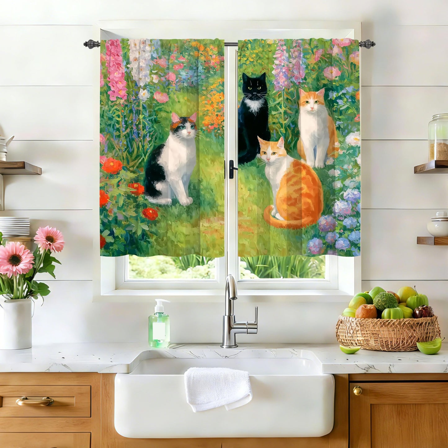 Ecixzyo Cats Kitchen Curtains Short Rod Pocket Drapes Tiers Window Curtains for Basement Bathroom 2 Panels 28x36in