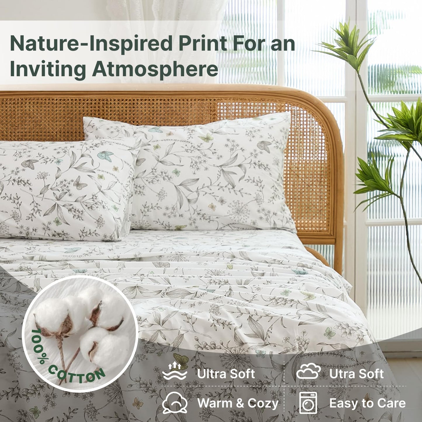 Cozaline 100% Cotton Sheet Set King Size – 4-Piece Chic White Floral Bedding Set, Soft Breathable Percale Weave, Deep Pocket Fitted Sheet 17.5", Crisp Cool Feel, Refined Botanical Elegance