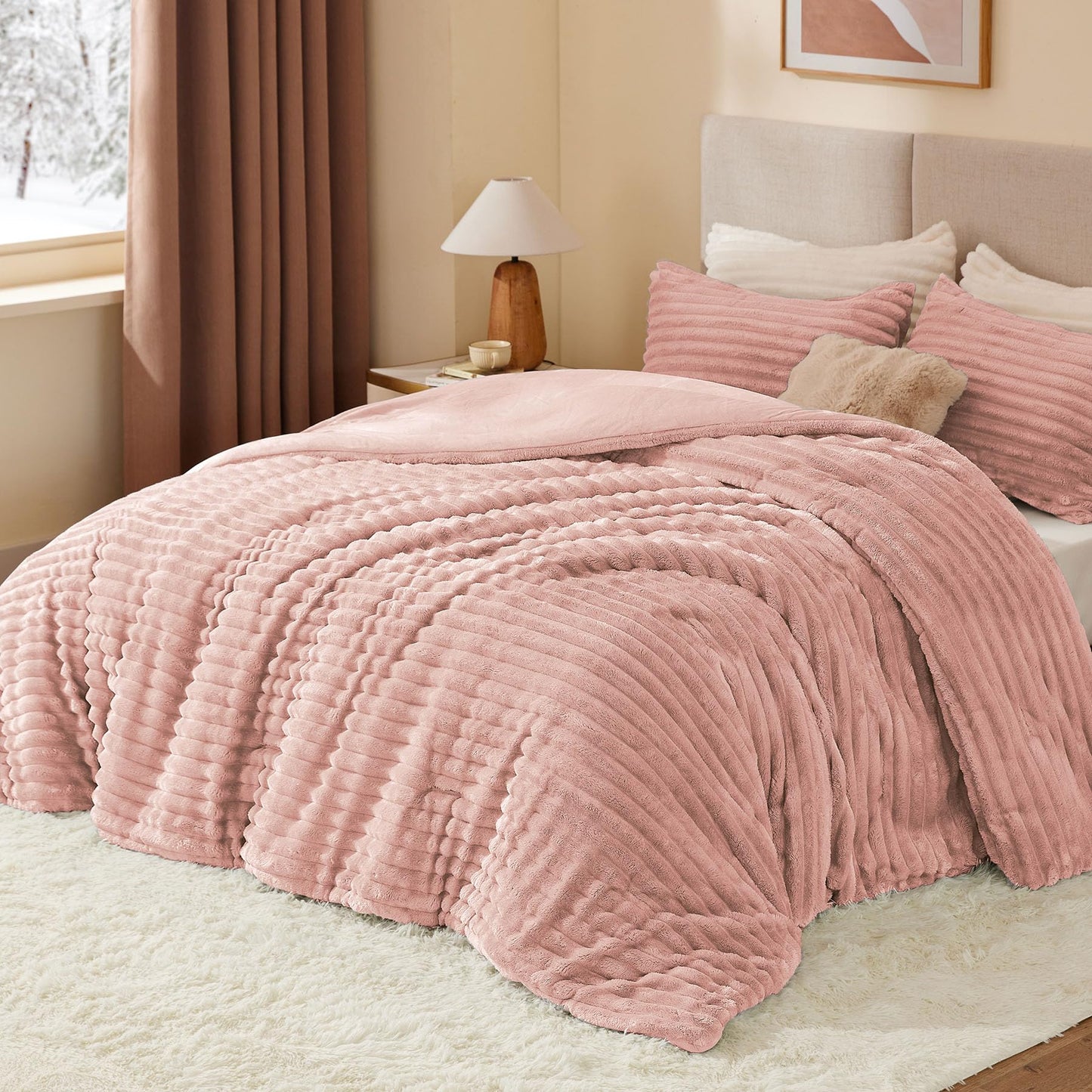 BEDELITE Fleece Queen Comforter Set -Super Soft & Warm Fluffy Dusty Pink Bedding, Luxury Fuzzy Heavy Bed Set for All Season with 2 Pillow Cases