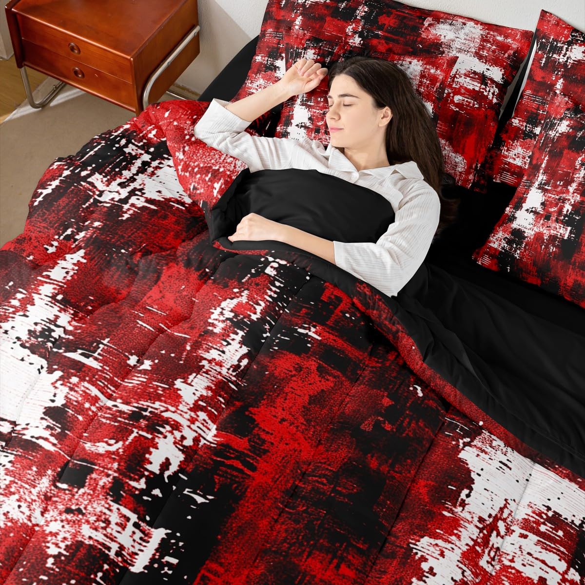 Feelyou Abstract Queen Comforter Set with Sheets for Kids Boys Girls Modern Abstract Art 7 Pieces Bedding Set Black Red Bed in a Bag Luxury Room Decor Geometric Soft Lightweight Microfiber