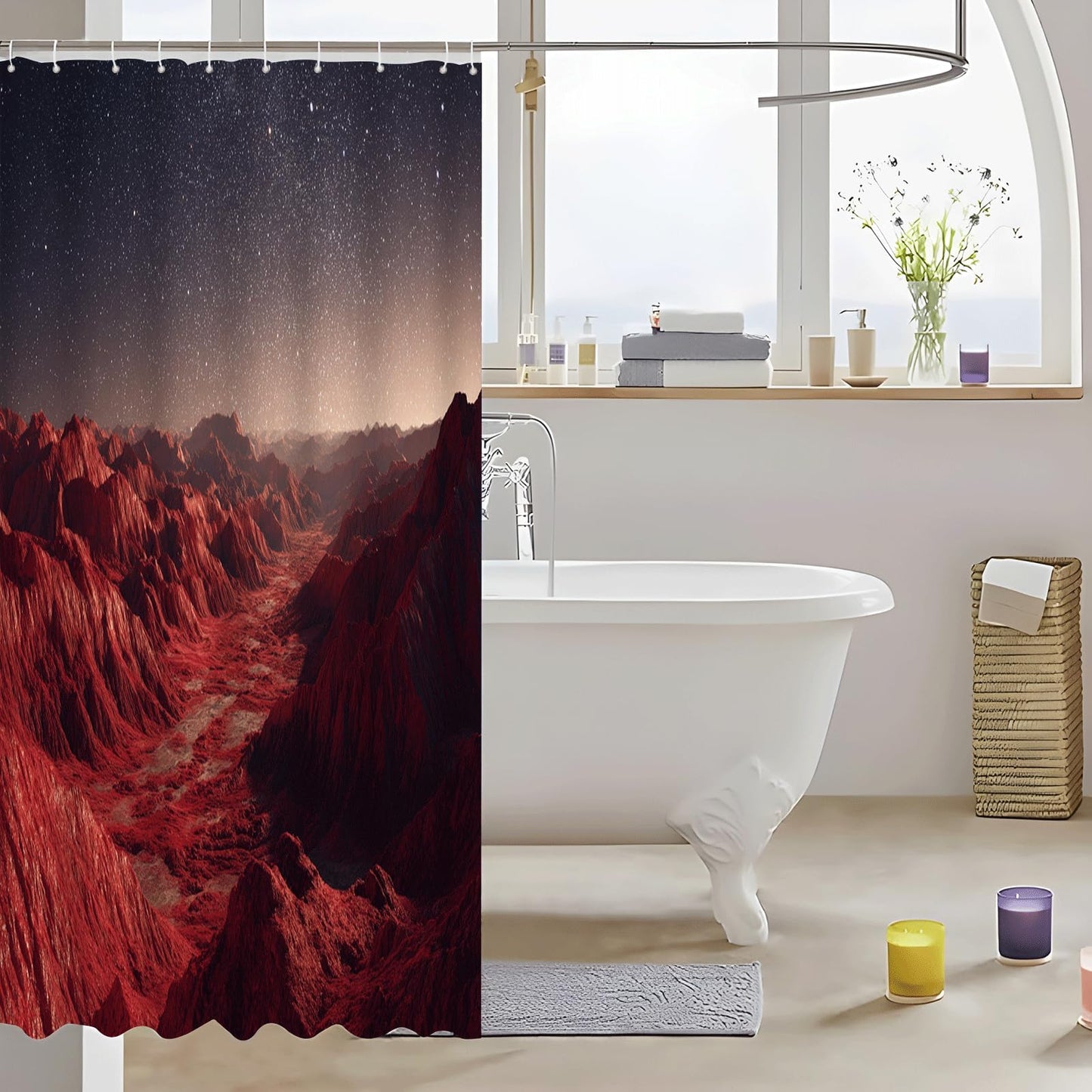 ZROLUW Mountain Landscape Shower Curtain 72" W x 72" L Starry Sky Bathroom Decor Curtain with Hooks