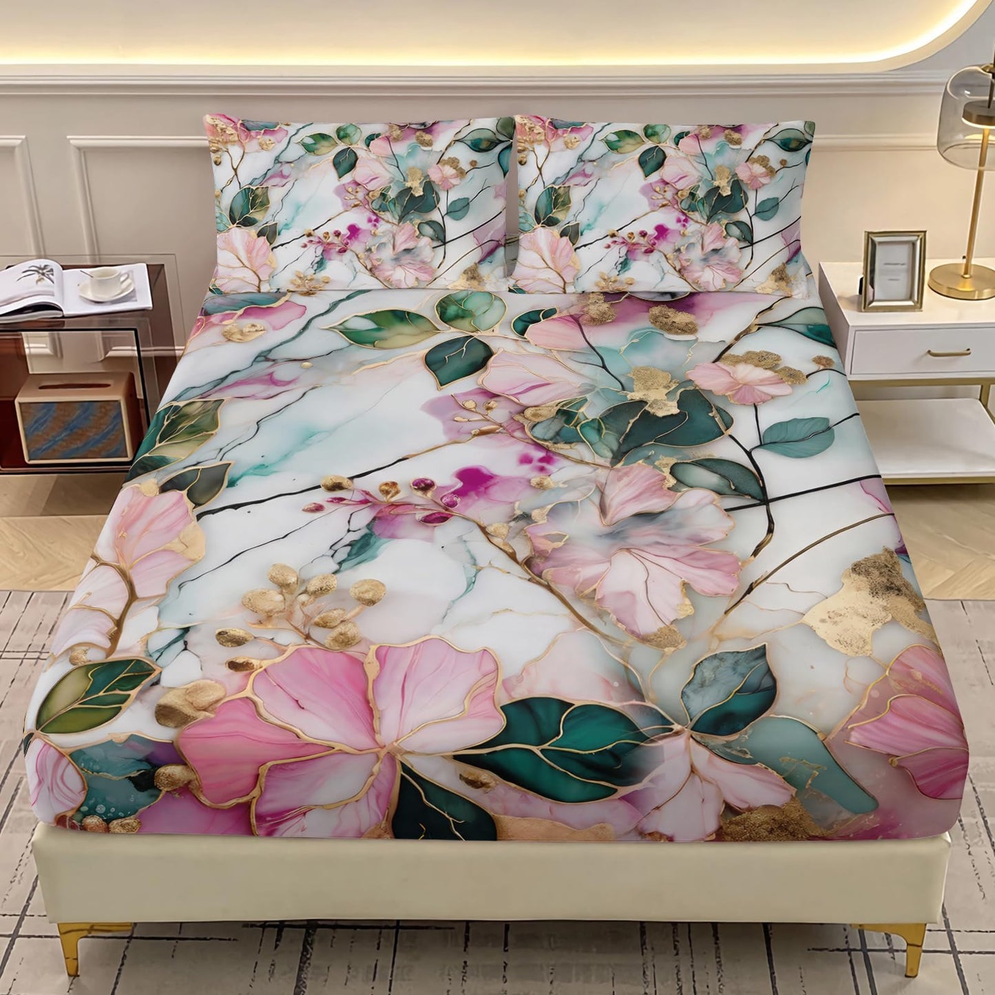AILONEN Flower Fitted Sheet Set Queen Size, Marble Printed Watercolor Bedding Set for Kids Teens Adults,Pink and Green Bed Sheet Set,1 Fitted Sheet + 2 Pillowcases,3Pcs