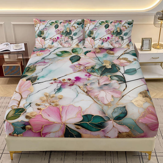 AILONEN Flower Fitted Sheet Set Queen Size, Marble Printed Watercolor Bedding Set for Kids Teens Adults,Pink and Green Bed Sheet Set,1 Fitted Sheet + 2 Pillowcases,3Pcs