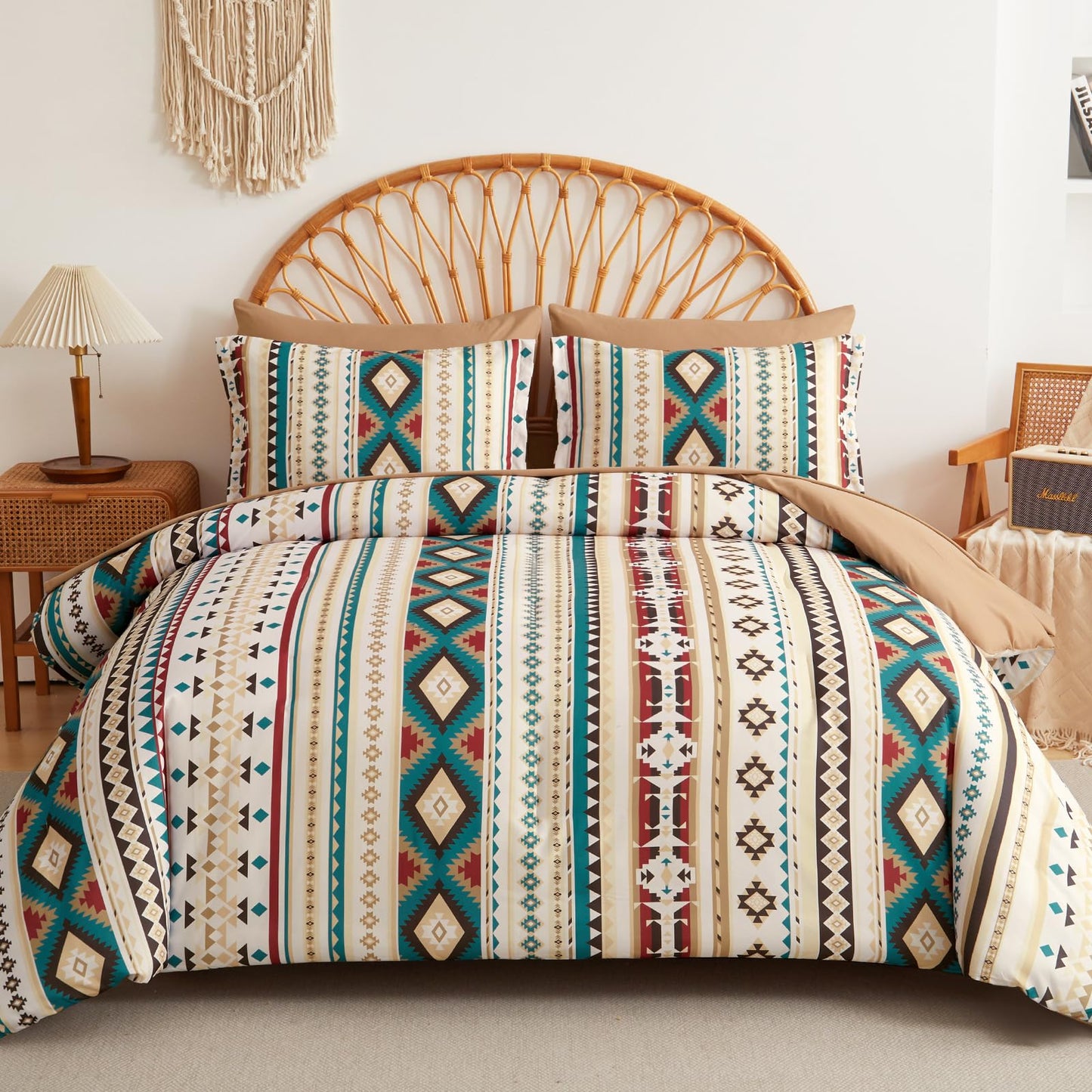 Dinjoy Queen Size Comforter Set Beige, 7 Pieces Boho Aztec Bed in a Bag Lightght Comforters Bedding Set with Sheets & Pillow Shams, Bohemian Geometric Striped Pattern All-Season