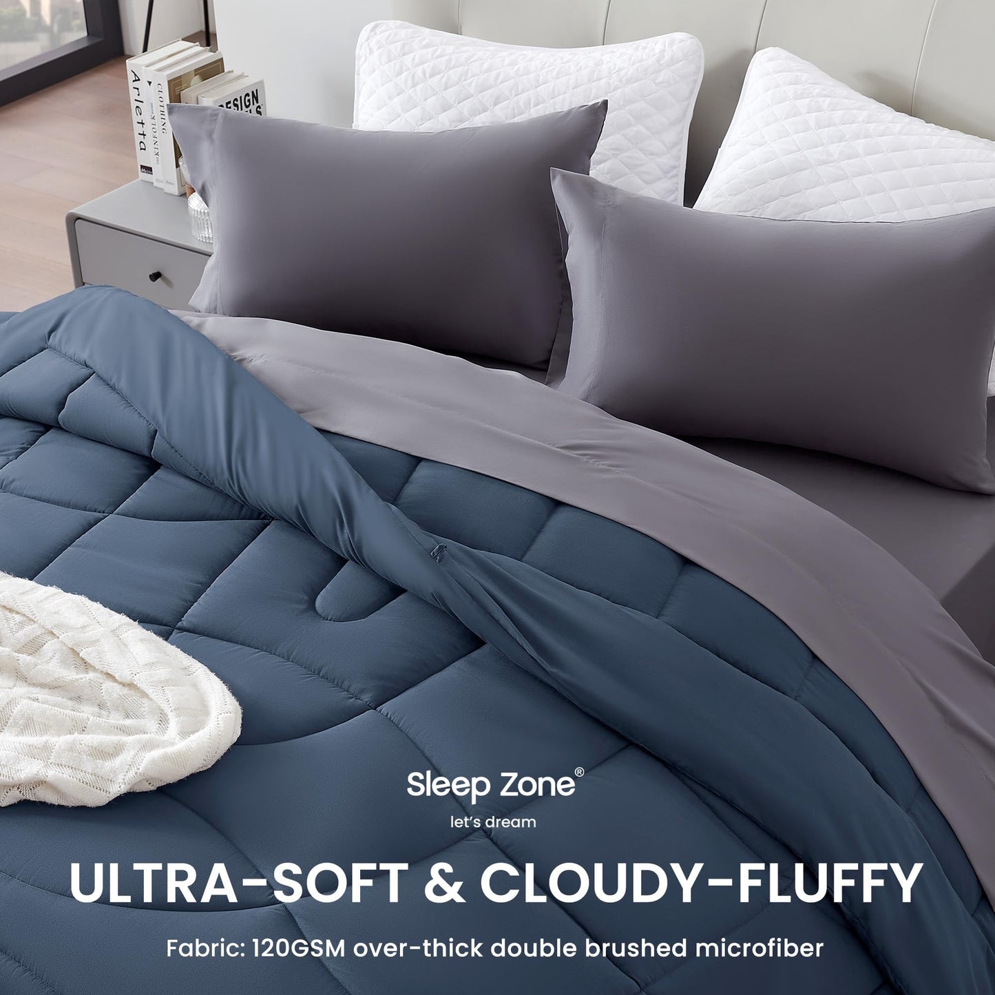 SLEEP ZONE Comforter Duvet Insert, Queen Size Quilted Reversible Comforters, Soft All Season Duvet, Down Alternative Breathable Bedding with 8 tabs, 2 Sides Flint Blue 88 x 88 Inches