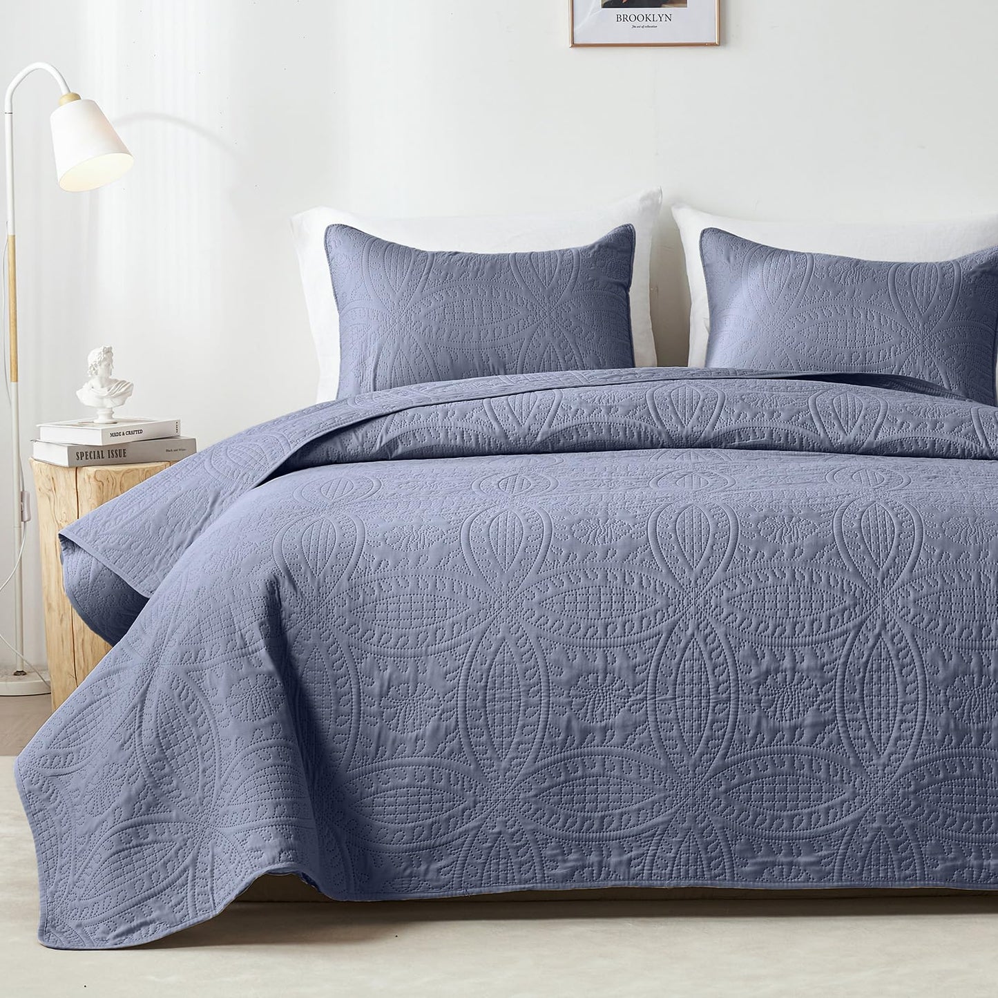 akkialla Quilts Queen Size,Bluish Grey Ultrasonic Full/Queen Quilt Set,Lightweight Soft Bedspread Coverlet,Modern Style Coin Pattern Bed Cover for All Seasons,3 Piece(1 Quilt,2 Pillow Shams)