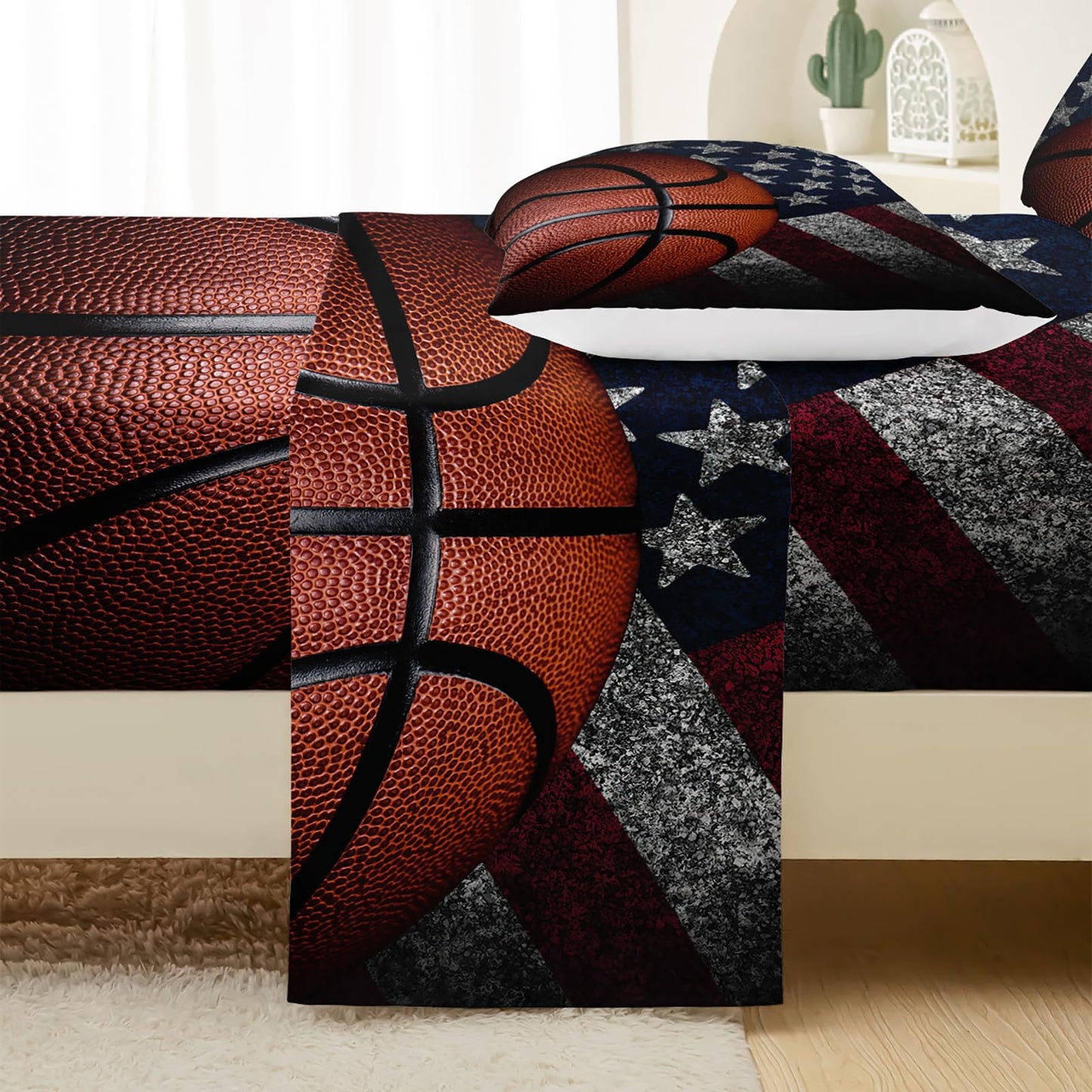 QOOMO Basketball Sheet Set,American Flag Kids Bed Sheets,Sports 16" Deep Pocket Bed Sheet Set for Boys/Girls/Kids/Teens，4 Piece Sheet Set, 1 Fitted Sheet,1 Flat Sheet and 2 Pillowcases，Twin Size