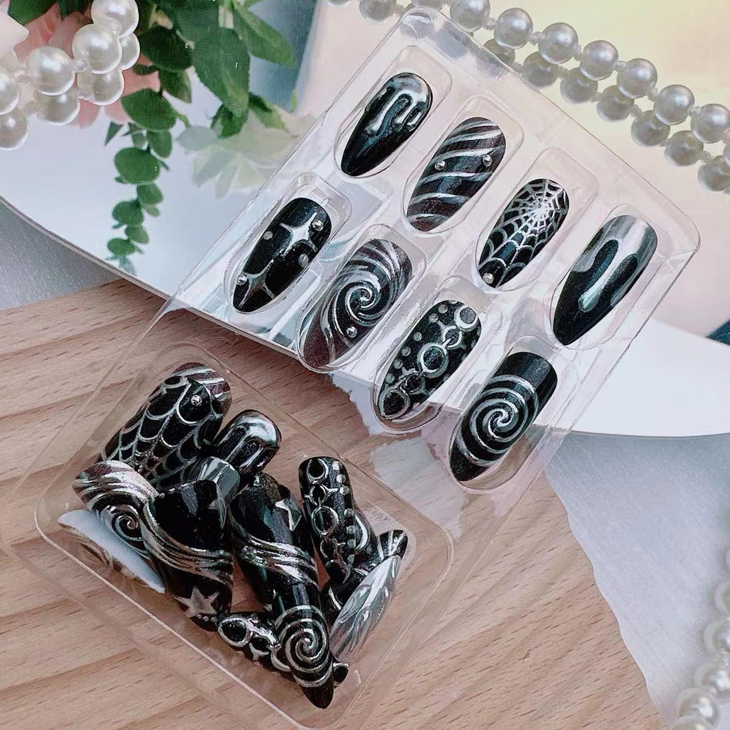 Black Gothic Press on Nails, Medium Almond Silver Fake Nails with Spider Web Moon Star Swirl Chrome Drip Rhinestone Designs, Punk Goth Y2K False Nails with Glue Tabs - 24Pcs Nail Kit for Women