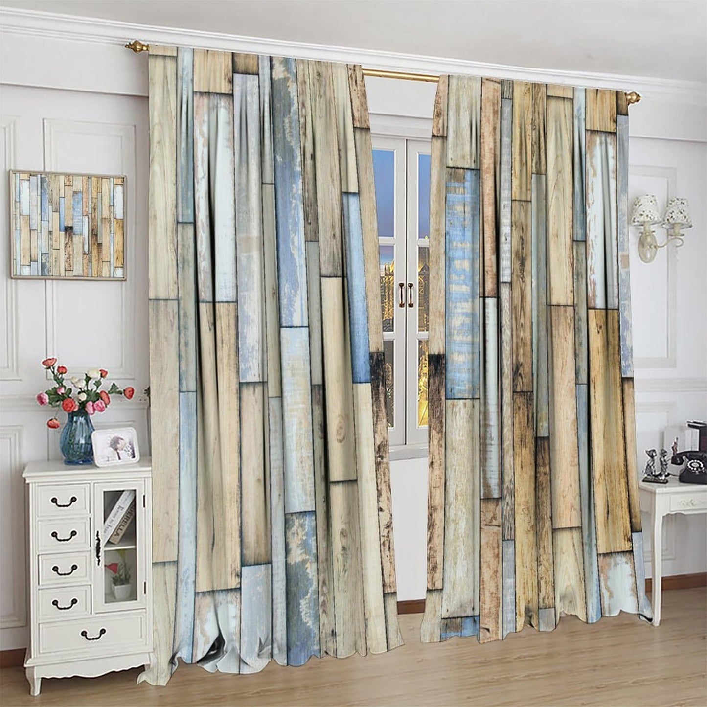 Nanacur Wooden Curtains, Vintage Wood Barn Door Farmhouse Country Rod Pocket Window Treatment for Bedroom Living Room Kitchen Cafe Drapes 41" W X 45" L (No Blackout)