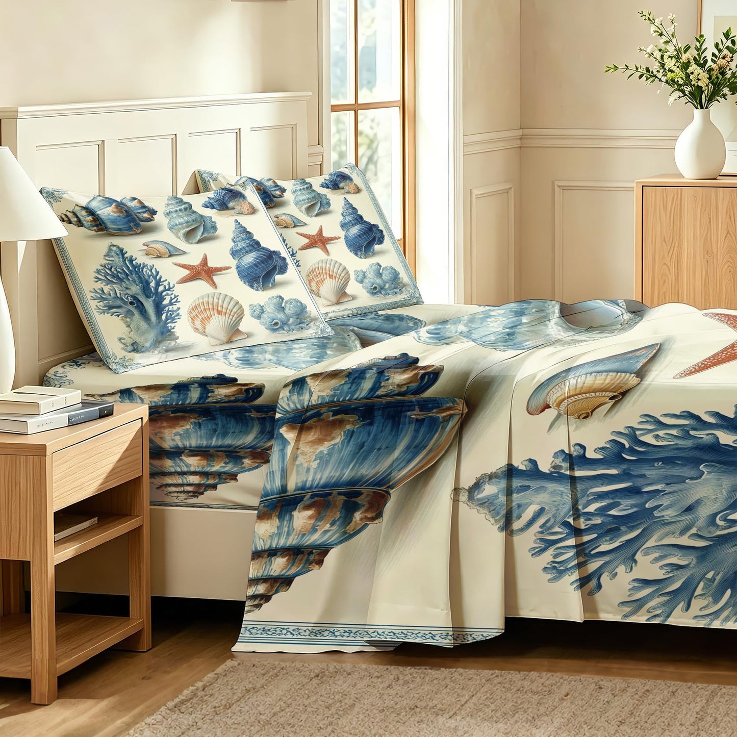 Seashell Bedding Set 4 Pcs Blue and White Coastal Queen Sheets