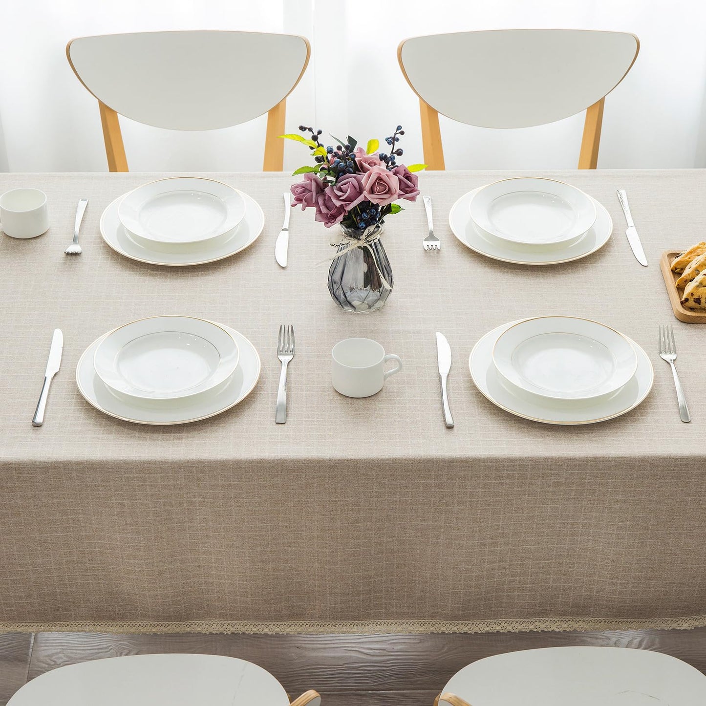 GLORY SEASON Textured Tablecloth Linen-Look Rustic Burlap Style Washable Solid Heavy Weight Lace Trim Rectangle Fabric Table Cloth,Table Cover for Kitchen Dinning Tabletop Decoration55x70 in Beige