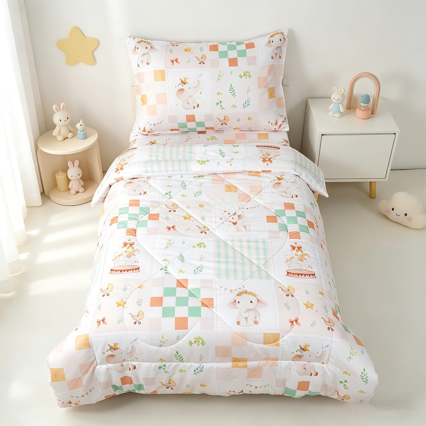 SWESEN Toddler Bedding Set for Girls, Toddler Girls Bedding Set, Soft & Lightweight 4 Piece Toddler Comforter Sets Include Comforter, Flat Sheet, Fitted Sheet, Pillowcase, Elephant