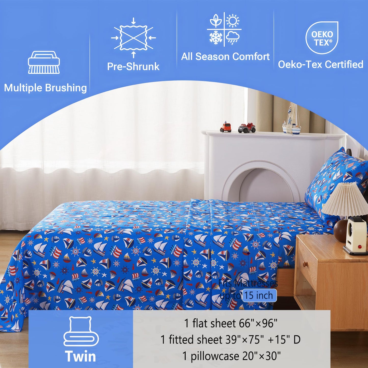 Softan Kids Bed Sheet Set, 3-Piece Twin Sheets Set, Microfiber Fitted Sheet with 15 Inches Deep Pocket and Corner Straps, Breathable & Silky Soft Blue Sailboat Pattern Sheet and Pillowcase Sets