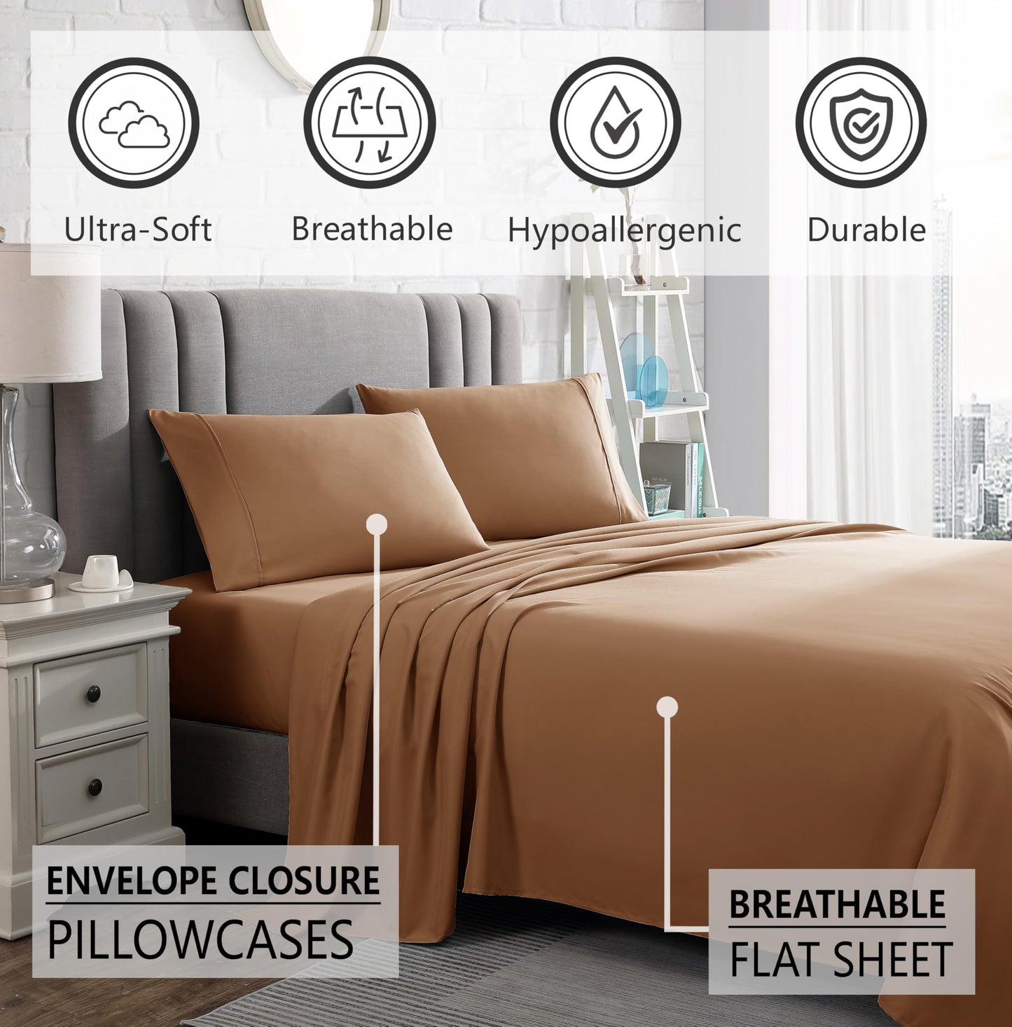 American Home Collection Full Size Sheet Set - Ultra-Soft Microfiber 15-Inch Deep Pocket - Wrinkle Free and Fade Resistant (Tan)