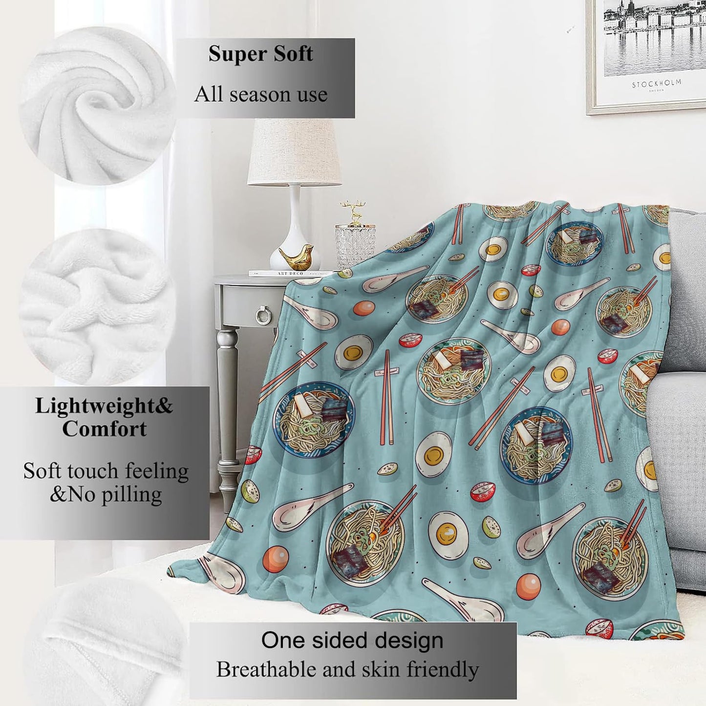 VODRM Ramen Blanket Fun Noodle Bowl & Chopstick Asian Cuisine Throw Blankets,Birthday Gifts for Women & Foodies Lovers,Lightweight Soft Fleece Cozy for Sofa Kitchen Couch Bed Room Decor 50x60in