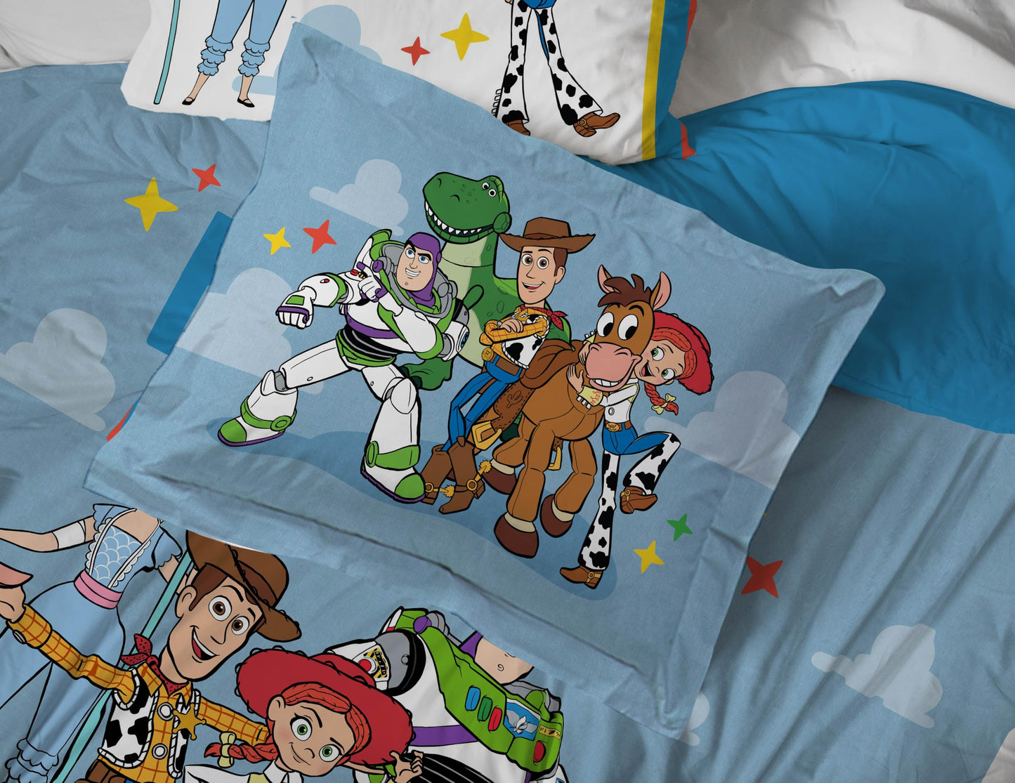 Jay Franco Kids Comforter Set Includes Sheets and Pillow Cover - Soft and Cozy Bed Set for Stylish Room Décor, Blue - Toy Story, 7 Piece Queen