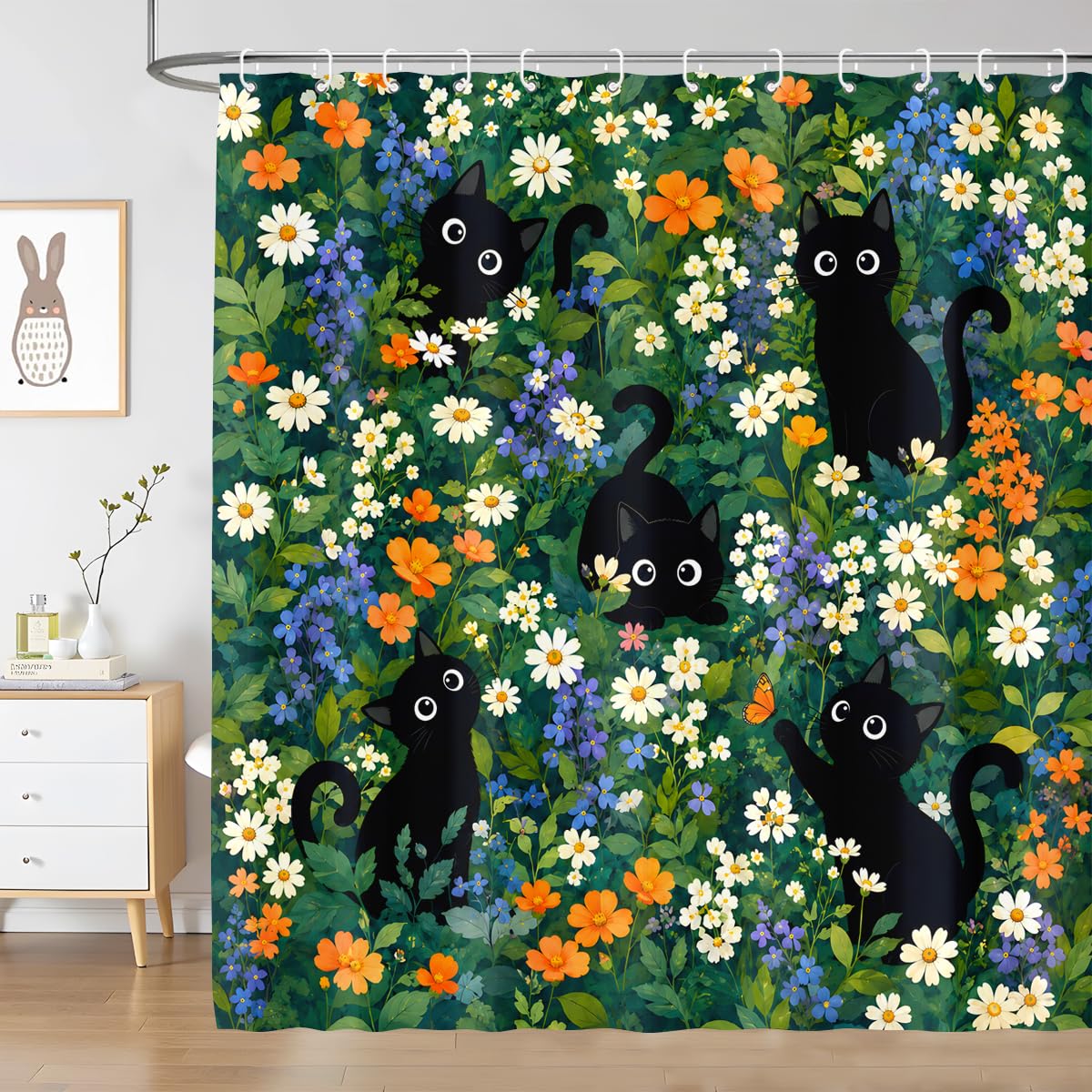 BIYSUC Cute Cat Shower Curtain Funny Boho Floral Daisy Flower Fun Kitten Animal Wildflower Farmhouse Bathroom Waterproof Polyester Fabric 72Lx72W Inch with Hooks