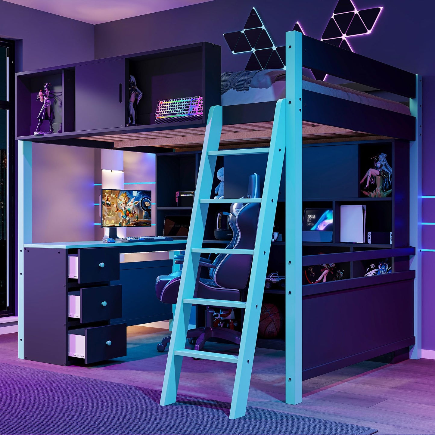 HRJHLucky Full Size Wood Gaming Loft Bed Frame with Desk, Ample Storage Space and Light for Bedroom (Blue)