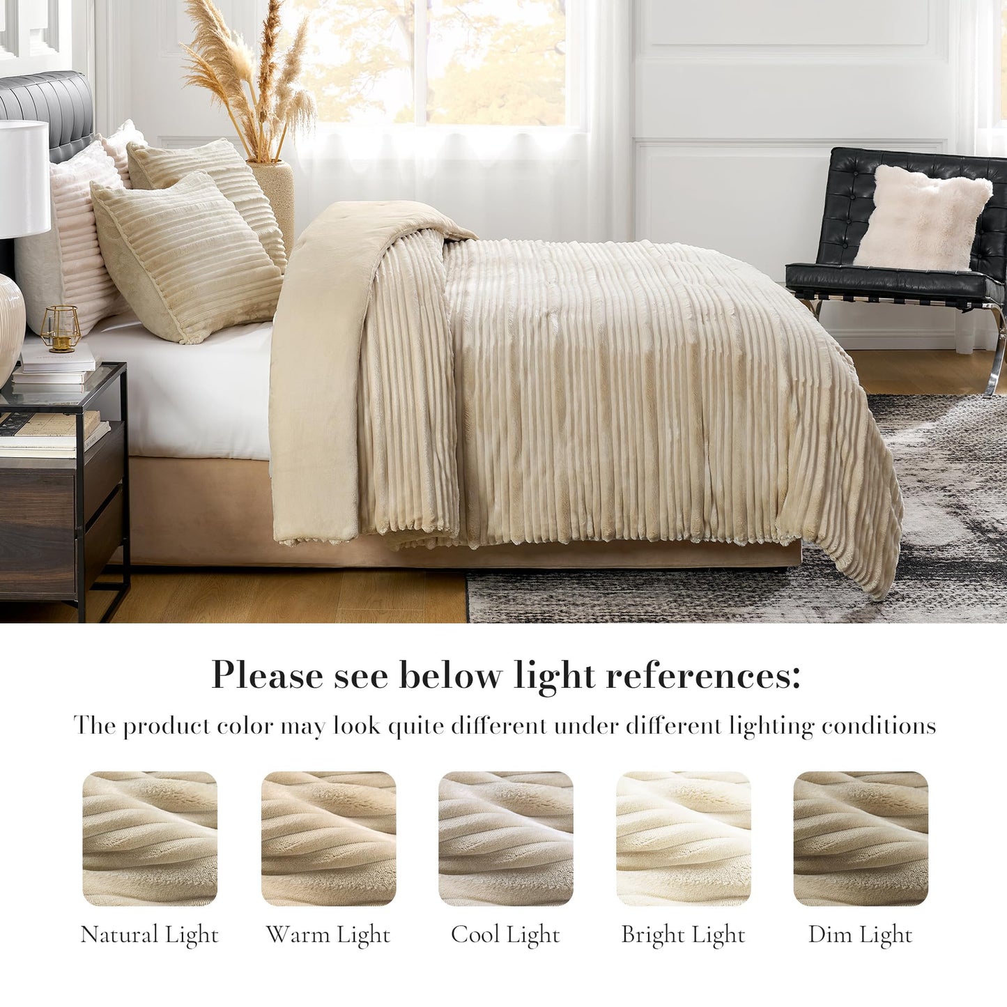 Amélie Home High-End Fleece Queen Comforter Set,Cozy Warm Striped Plush Bedding Set, 3 Pieces, 1 Cozy Comforter with 2 Pillowcases, Beige, 90"x90"