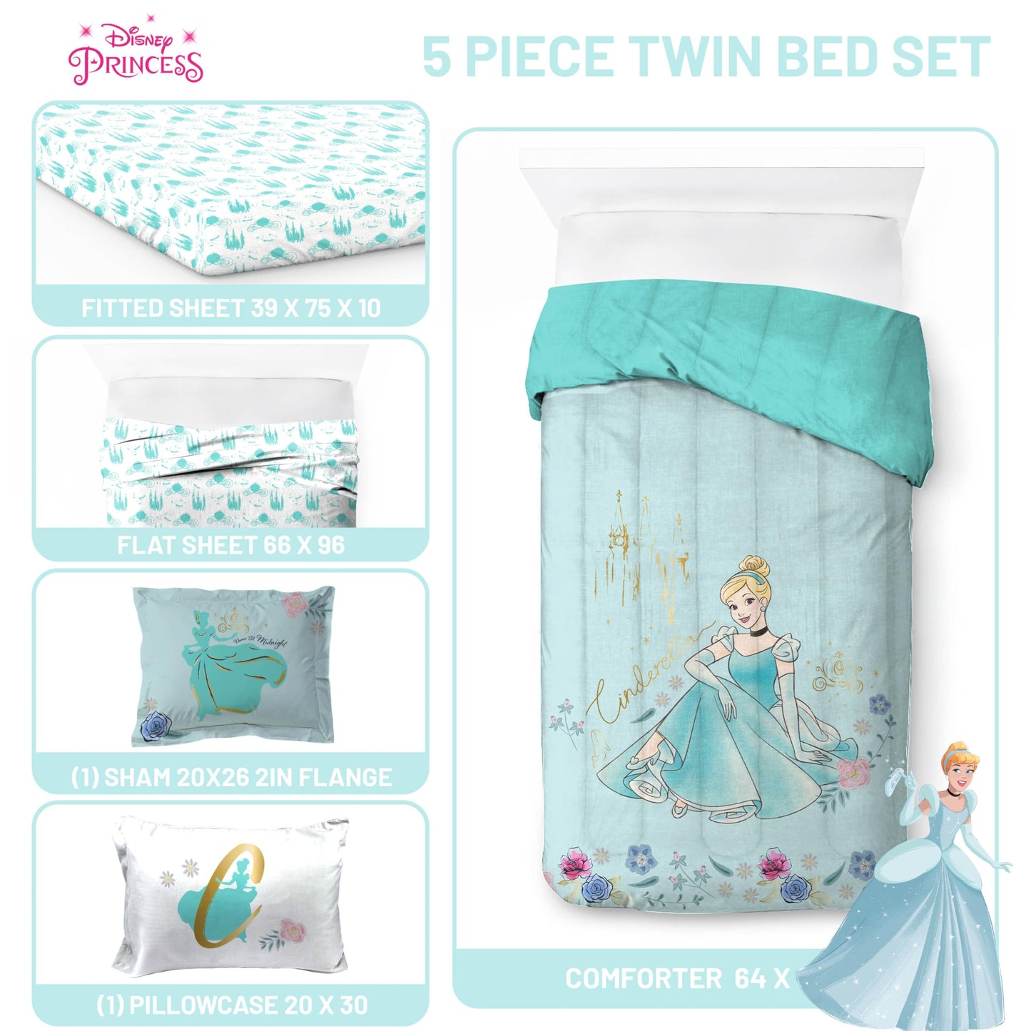 Jay Franco Kids Comforter Set Includes Sheets and Pillow Covers - Soft and Cozy Bed Set for Stylish Room Decor, Official Licensed Bedding, Blue - Princess Cinderella, 5 Piece Twin