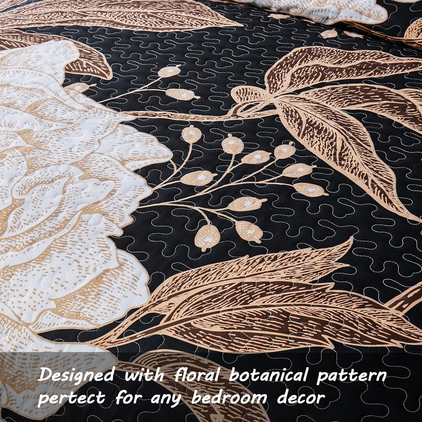 Yogeneg Full Queen Size Quilt Set,White Gold Floral Botanical Pattern Black Bedding Set,3 Piece Lightweight Soft Summer Bedspread Coverlet with 2 PIillow Sham for All Season(Black Floral,90"x96")
