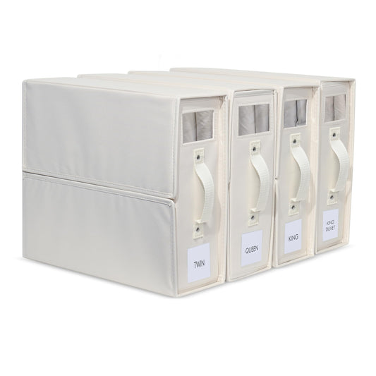 Bed Sheet Organizer Set - 4 Pack Premium Foldable Organizers for Sheets, Comforters, & Linens - Fits Neatly in Closet or Under Bed - Sturdy Oxford Cloth with Premade Labels - Home Storage Solution