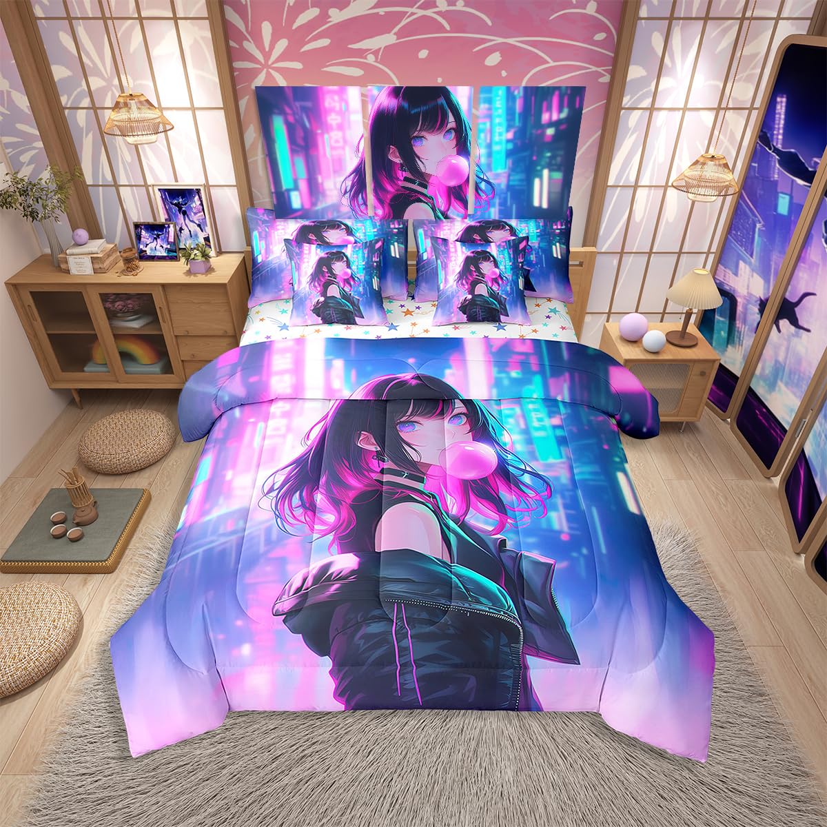 Erosebridal 7 Piece Anime Girl Comforter Set with Sheet Twin Size, Kawaii Japanese Anime Bedding Set for Kids Boys Teens Adult Women, Cartoon Girl Bed in a Bag Japan Animation Bedroom Decor