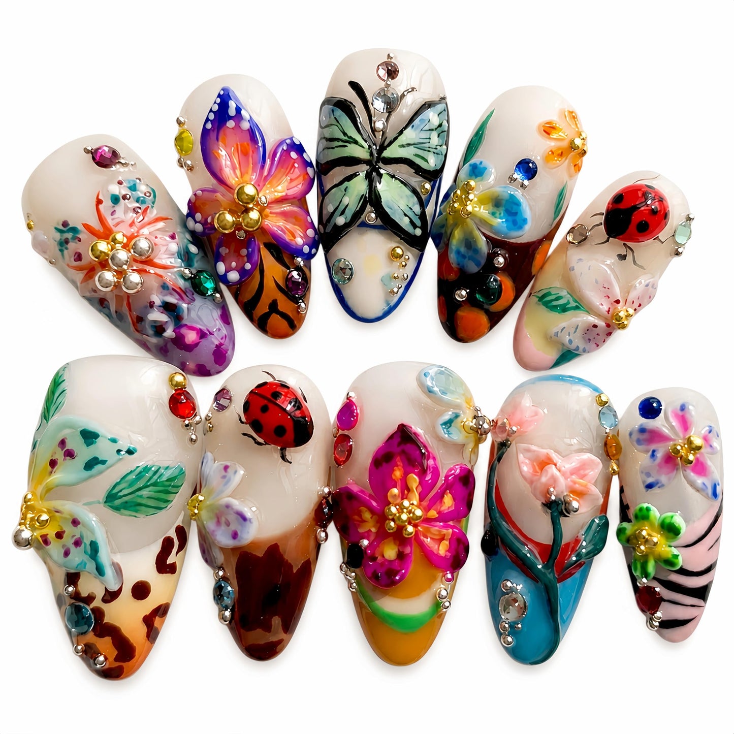 Handmade Acrylic Press On Nails Butterfly Cute Summer | Almond Nails Hand Painted 3D Floral | Reusable Vacation Style | Luxury Gift for Women (Medium Almond & Size M) Headeer
