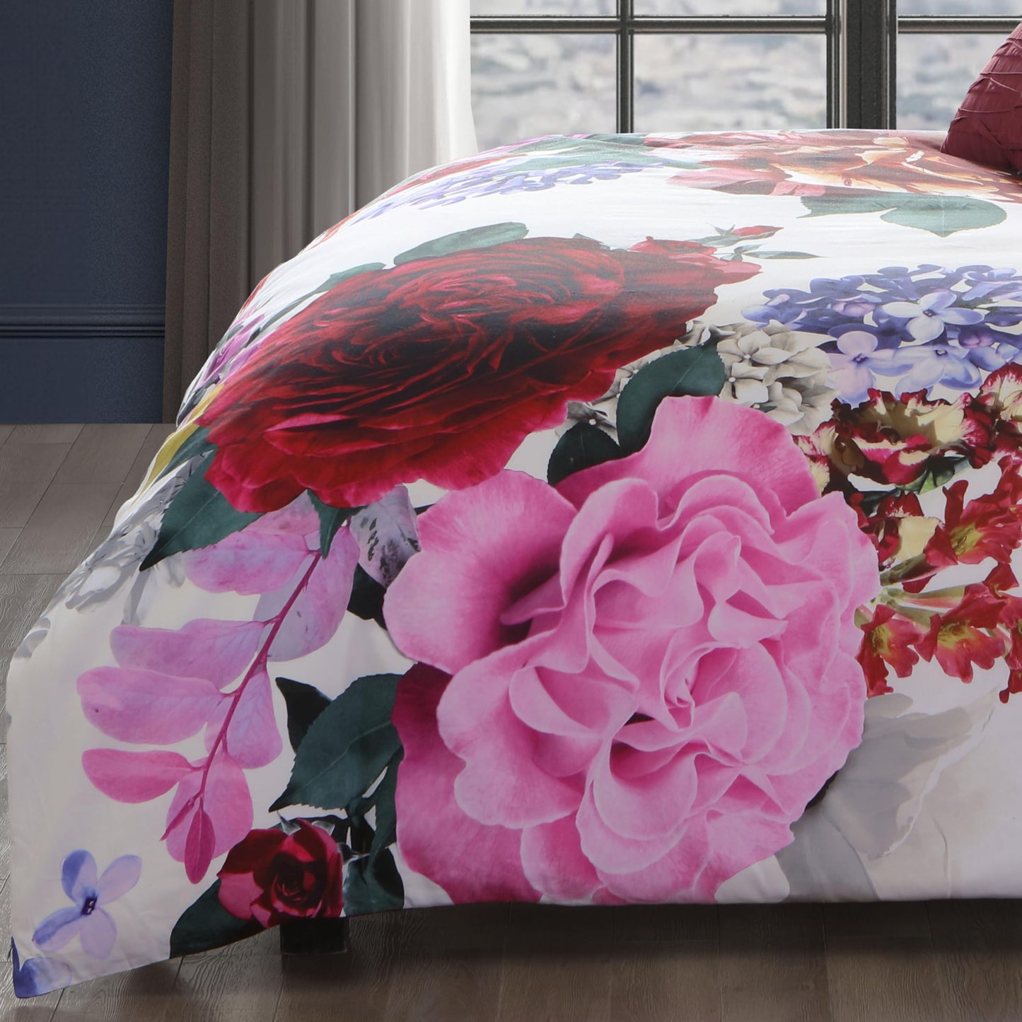 Bebejan Magenta Floral 5 Piece Comforter Set, 100% Cotton Sateen, 220 Thread Count, Red Reversible Bedding Comforter Set, 1 Comforter, 2 Shams & 2 Pillows (King/Cal King)