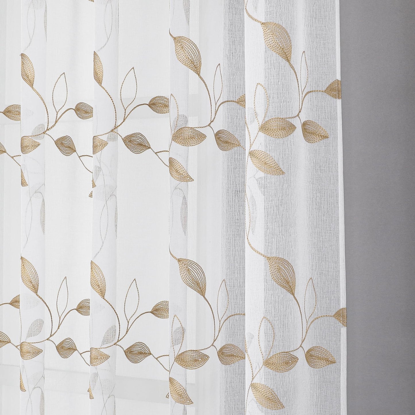 Tollpiz Taupe Leaf Sheer Curtain Leaves Embroidered Bedroom Curtains Rod Pocket Voile Window Treatments for Living Room, 38 x 63 inches Long, Set of 2 Panels