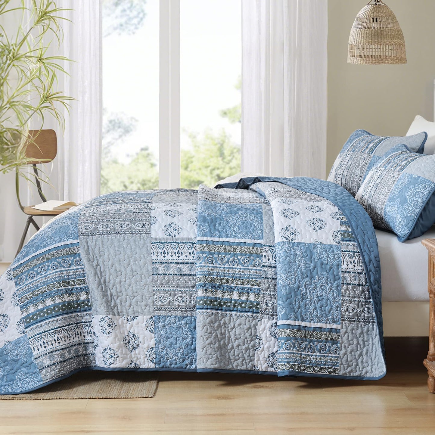 Dintszyayue Boho Quilt Set Queen Size Patchwork Bedspread Coverlets, Blue/Gray Bohemian Plaid Quilt Bedding Set Soft Microfiber Summer Bedding Bedspread Set, 96''x90''