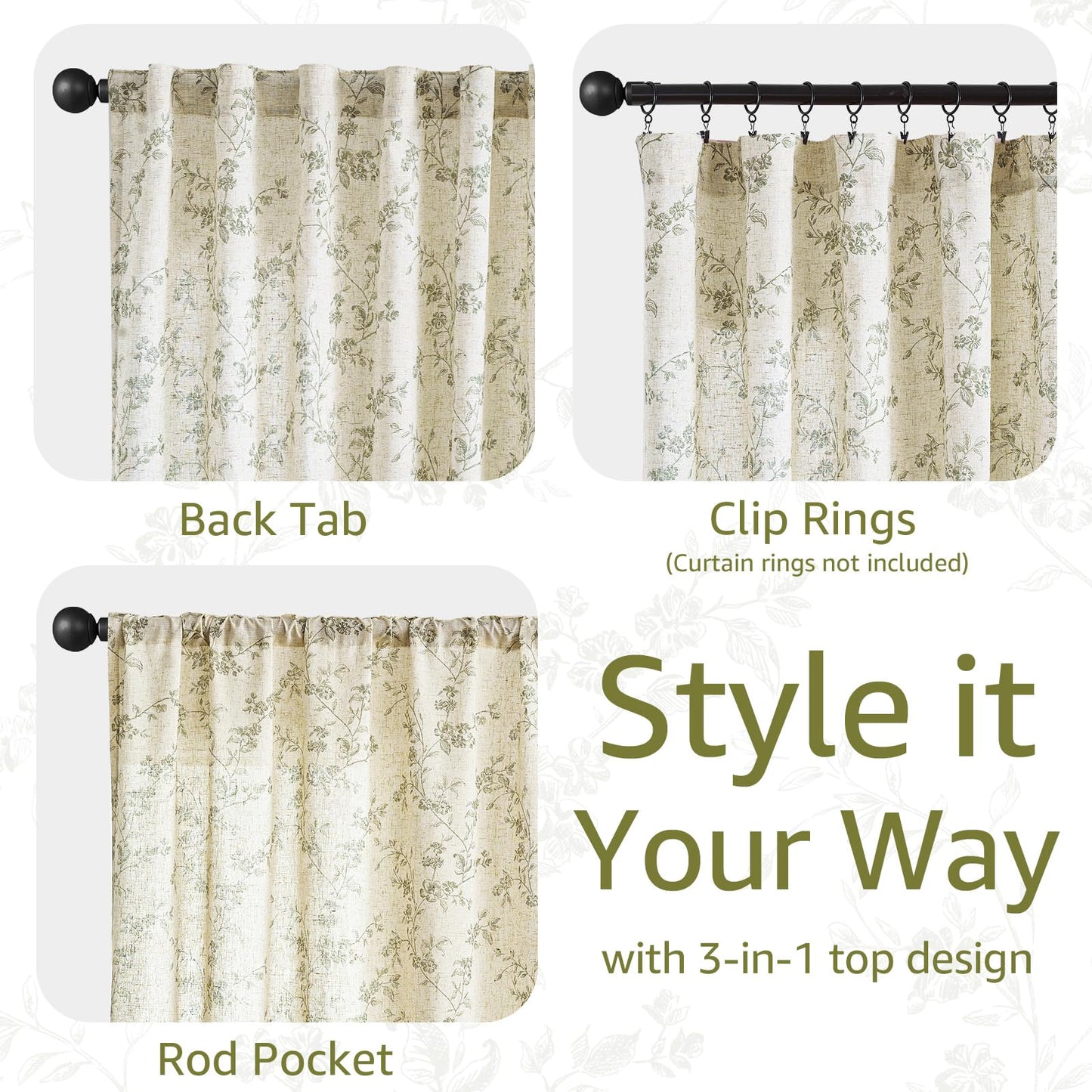 jinchan Linen Floral Curtains 63 Inch Farmhouse Country Flower Drapes Rustic Window Curtains Light Filtering for Living Room Bedroom Laundry Back Tab 2 Panels Green on Beige