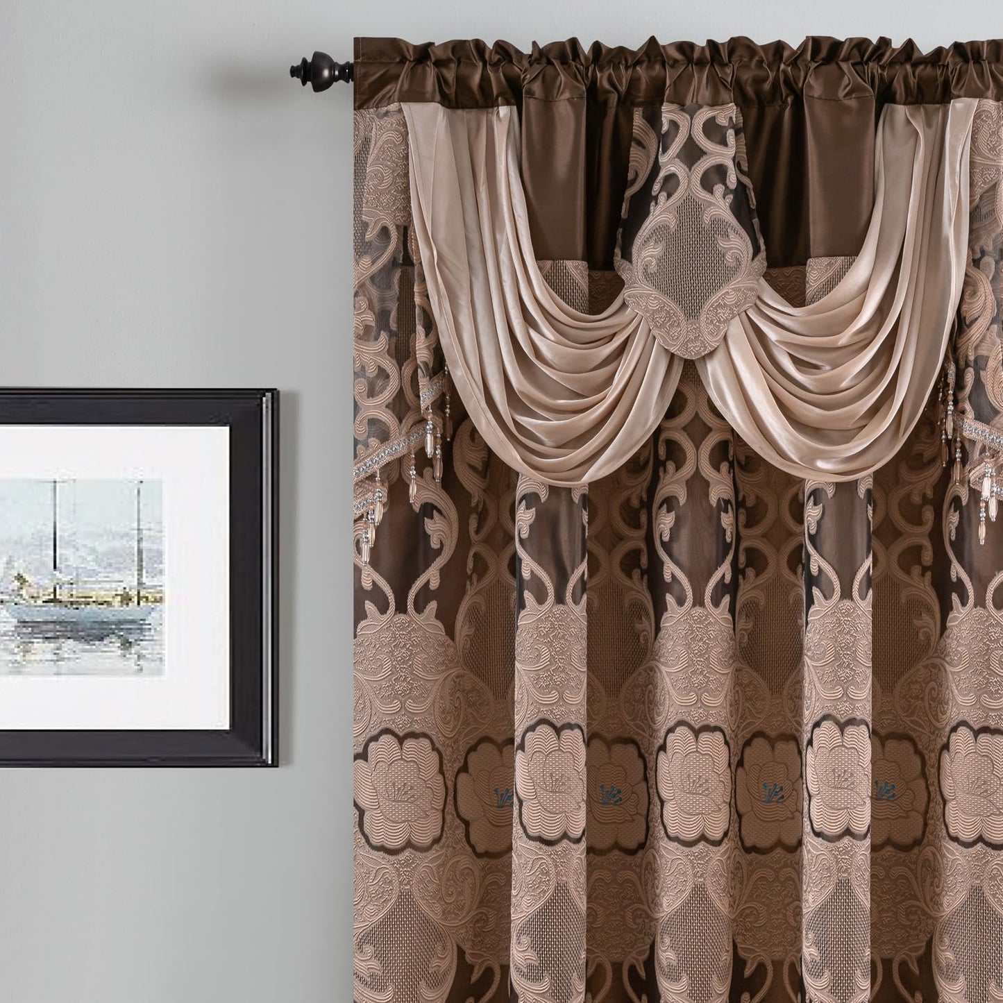 Petrichor Taupe Sheer Jacquard Voile Curtains （54" W x 63" L）, 2 Panels with Attached Valance, Double Layer Floral Cutwork Design with Luxurious Texture, Rod Pocket, for Bedroom & Living Room