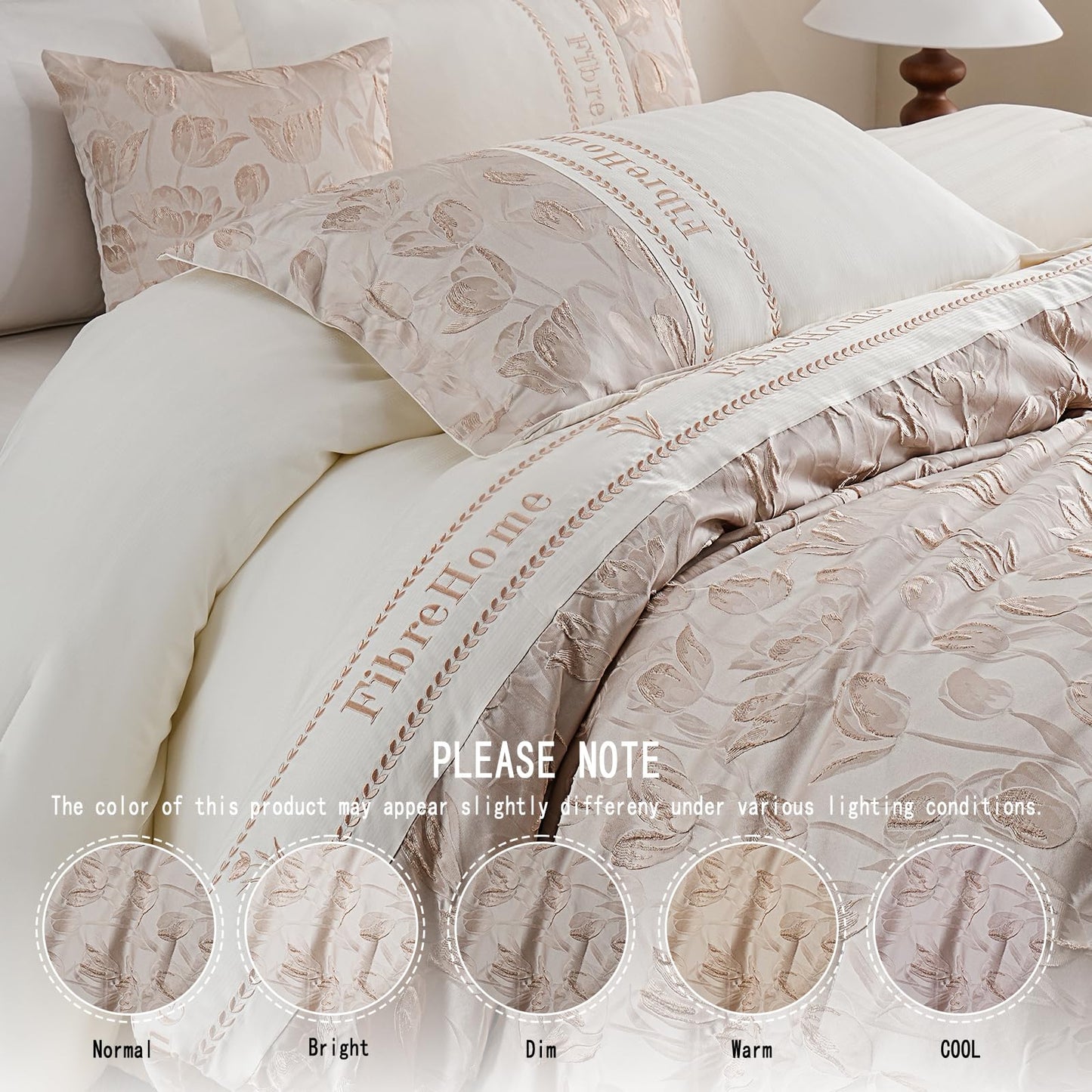 Queen Bed in a Bag 6-Pieces Jacquard Embroidery Splicing Design Tulip Flowers Bedding Set Beige and Champagne Comforter Set Durable and Super Soft Microfiber Comforter for All Season (fd002-Queen)