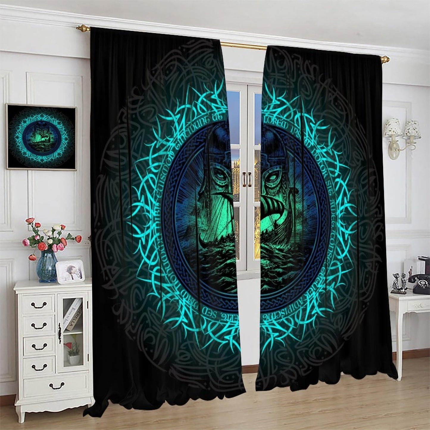 Norse Viking Theme Curtains, Abstract Ancient Vikings Pirate Boat Mystical Nautical Symbol Rod Pocket Window Drapes, for Bedroom Living Room 42" W X 45" L (Decorative)