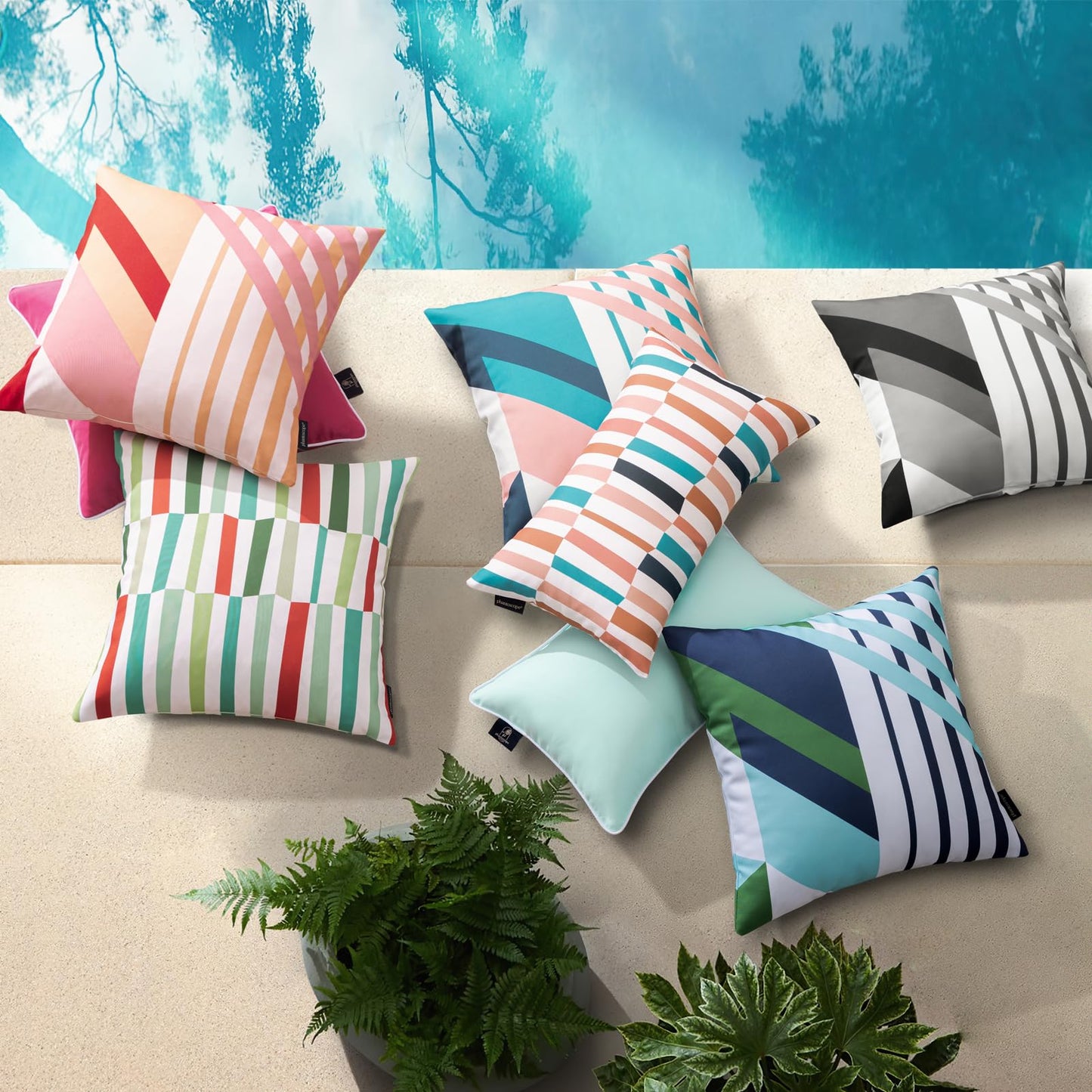 Phantoscope Pack of 2 Outdoor Pillows Waterproof Geometric Stripes Outdoor Pillow Covers, Decorative Square Patio Pillows Cushion Case for Couch Tent, Peach Coral and Pink 18 x 18 Inches