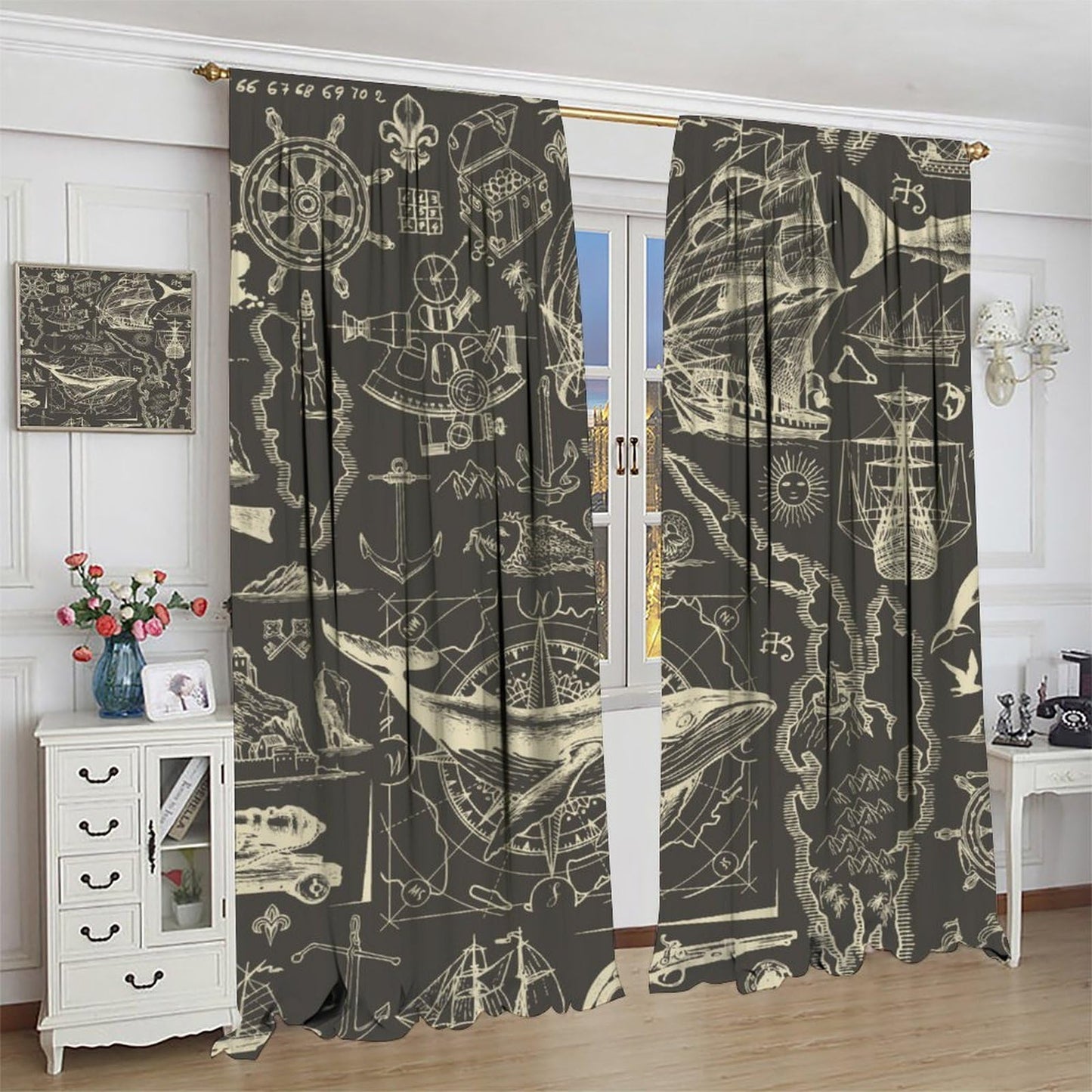 Retro Nautical Coastal Curtains Vintage Ocean Adventure Map Sail Whale Anchor Abstract Rod Pocket Window Treatments For Kids Boys Bedroom Living Room 2 Panels Set 41× 45 in (No Blackout)