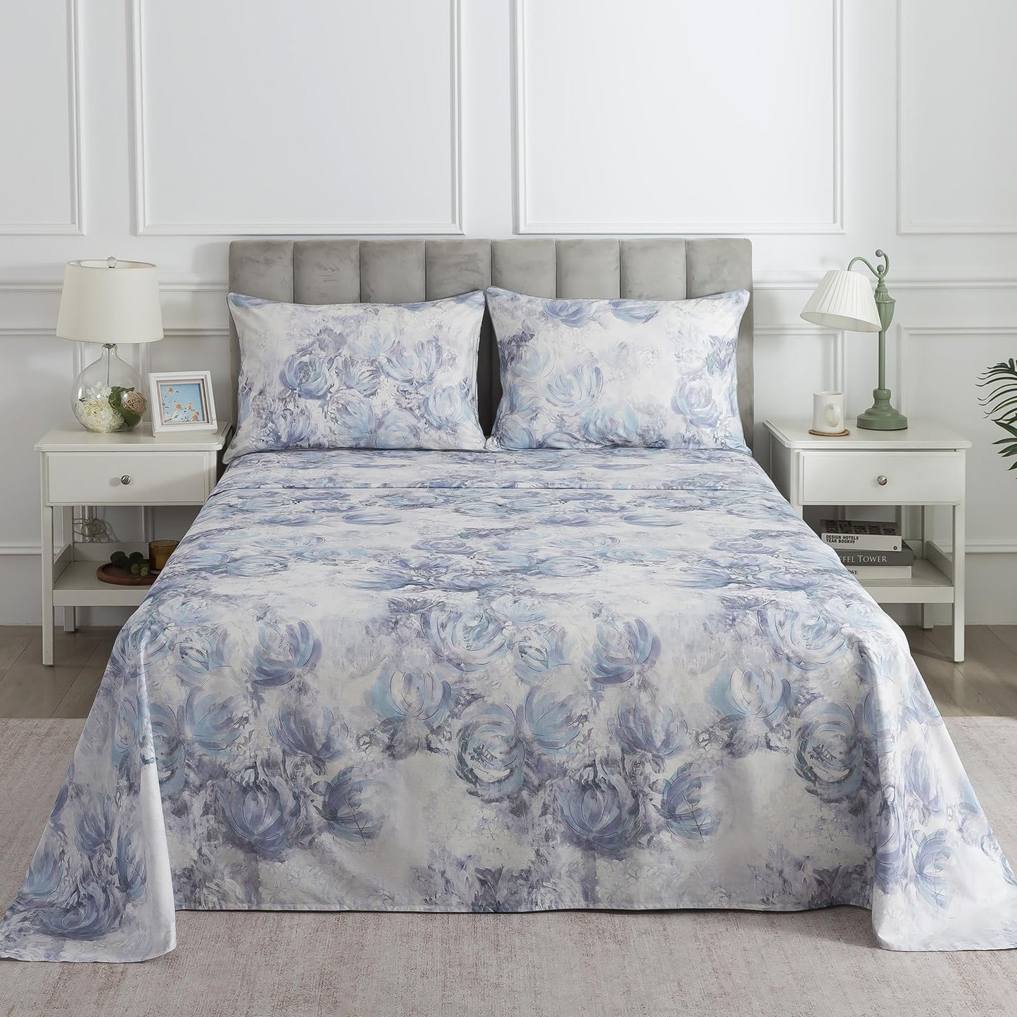 Puralens Blue Floral Cozy House Percale Sheets Queen, 100% Cotton White Flower Deep Pocket Vintage Sheet Set, Abstract Aesthetic Soft Crisp Toile Bed Sheets, Shabby Chic Farmhouse Bedding, 4Pcs