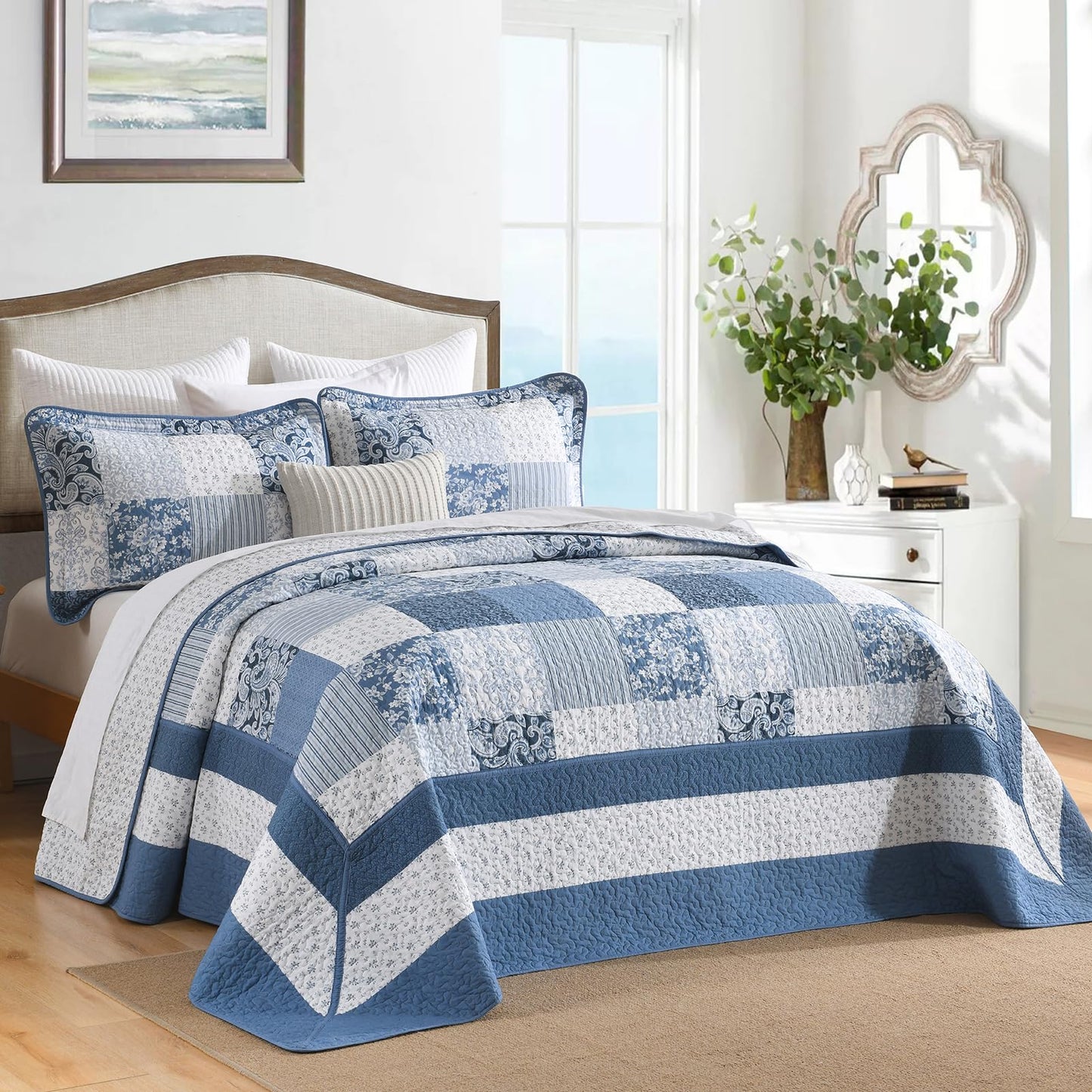 FineStichery 100% Cotton King Bedspread 120x120, Oversized Quilt Set, Farmhouse Extra Large Coverlet, Plaid Botanical and Paisley Pattern, Lightweight, Reversible, 3 Piece, Blue/White