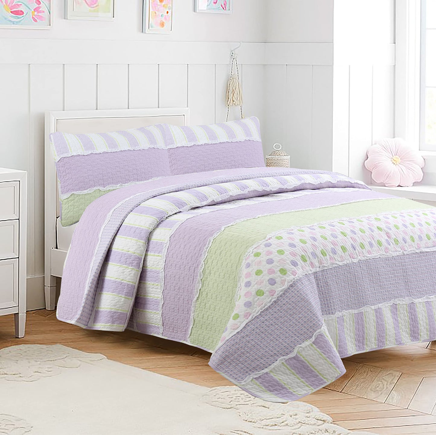 Cozy Line Home Fashions Lavender Green Stripe Dots Girl 100% Cotton Reversible Quilt Bedding Set, All-Season Coverlet Bedspread (Purple Dots, Queen - 3 Piece)