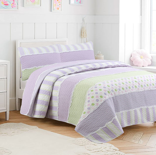 Cozy Line Home Fashions Lavender Green Stripe Dots Girl 100% Cotton Reversible Quilt Bedding Set, All-Season Coverlet Bedspread (Purple Dots, Queen - 3 Piece)