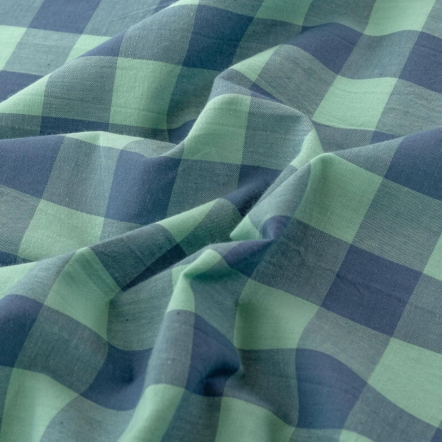 mixinni Green Gingham Grid Duvet Cover Queen, 100% Washed Cotton Modern Geometric Bedding Set with 2 Pillowcases, Farmhouse Style Blue Plaid Comforter Cover Set for Men & Women, Soft & Lightweight