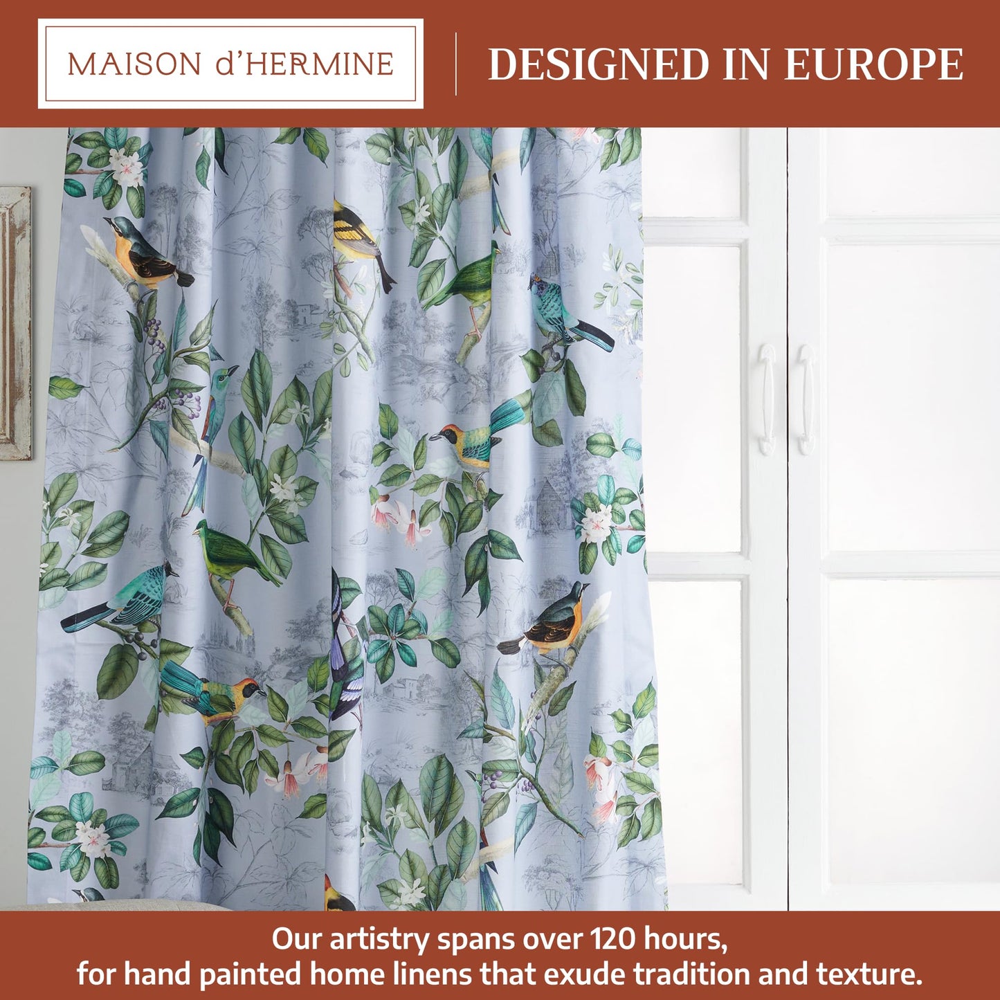 Maison d' Hermine Curtains for Living Room 100% Cotton 96 inch Length One Panel Light Filtering Curtains for Windows with Rod and Loop Pockets Spring Summer (Solstice - Fair Blue, 50" W x 96" L)