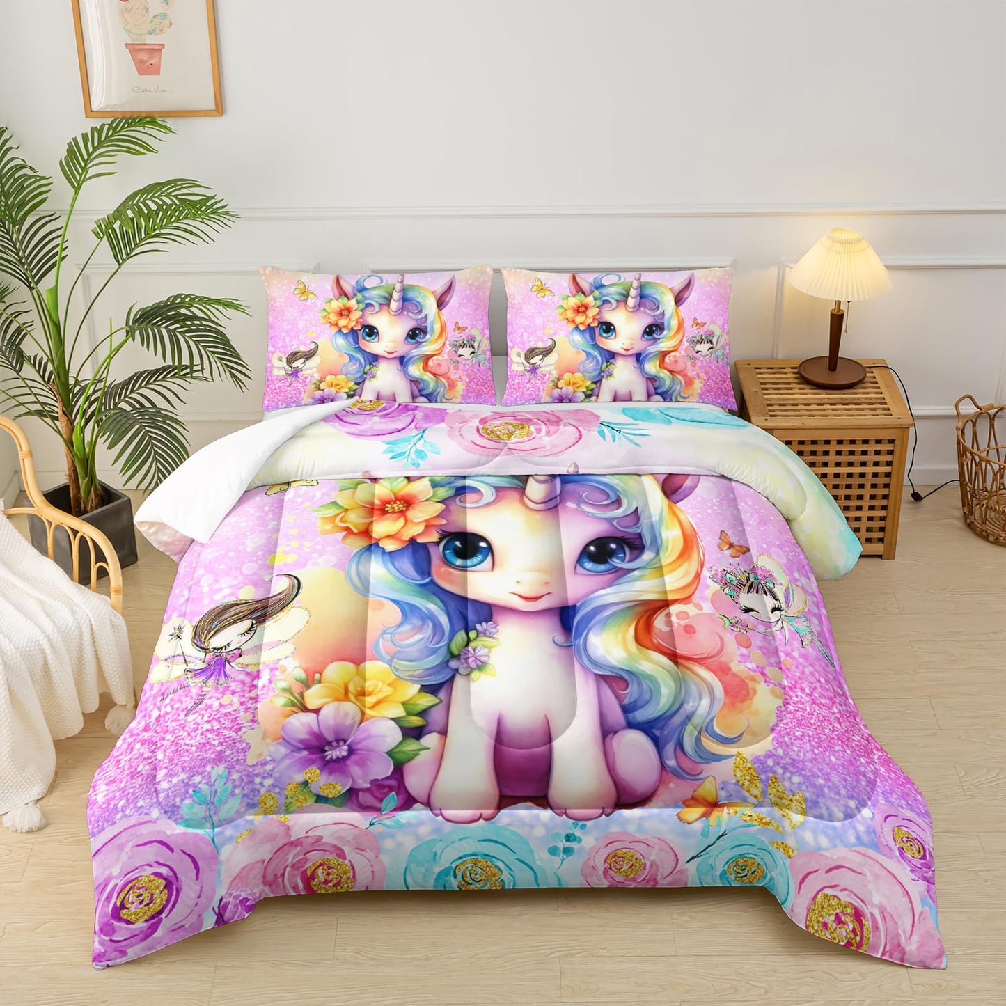 lneffble Cute Unicorn Comforter Set Twin for Girls Kids, Rainbow Unicorn Flower Print Galaxy Bedding Set,Soft Microfiber Cartoon Comforter Set with 2 Pillowcases,Toddler Bedding Set