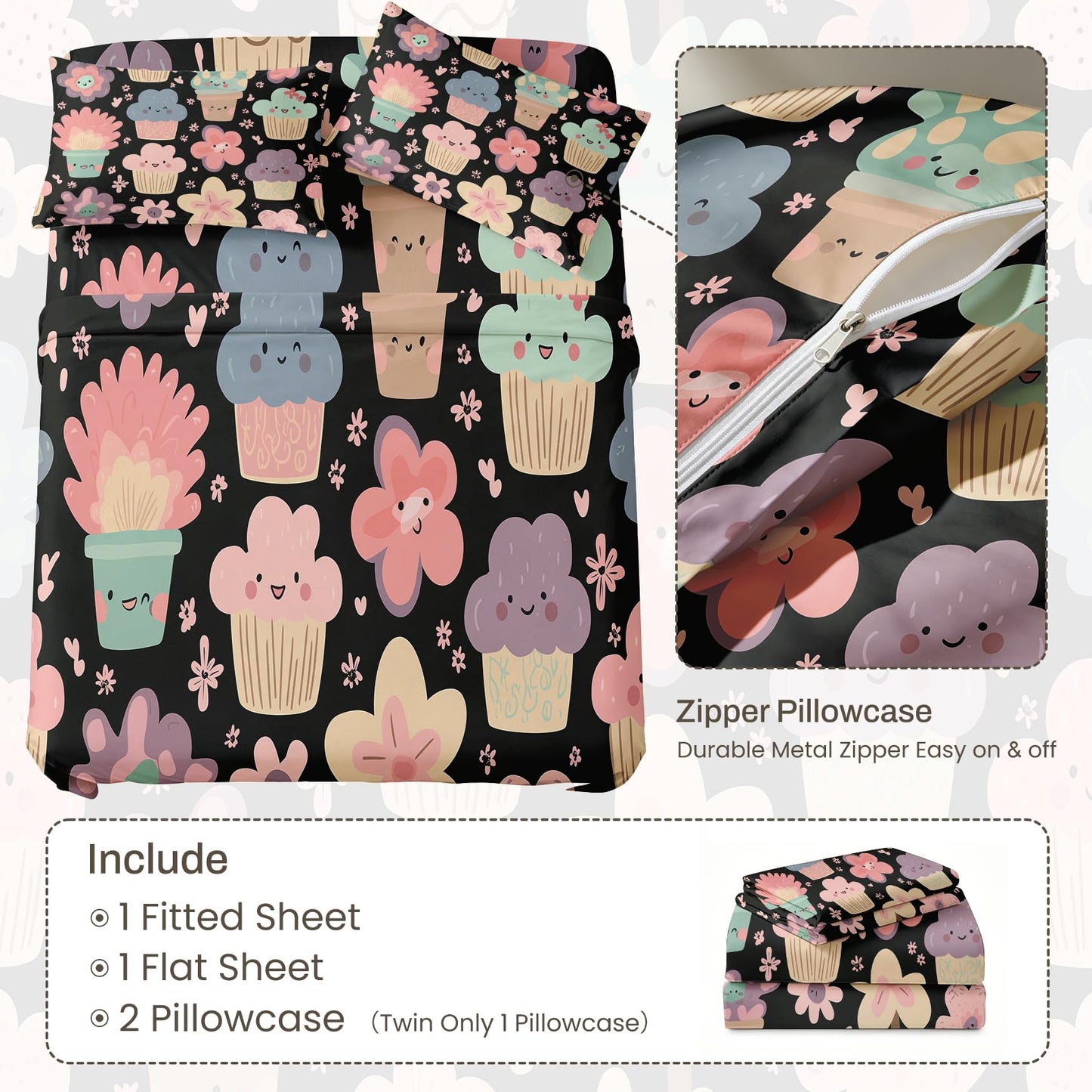 Girls Flower Bedding Set 4 Pcs Kawaii Food King Sheets