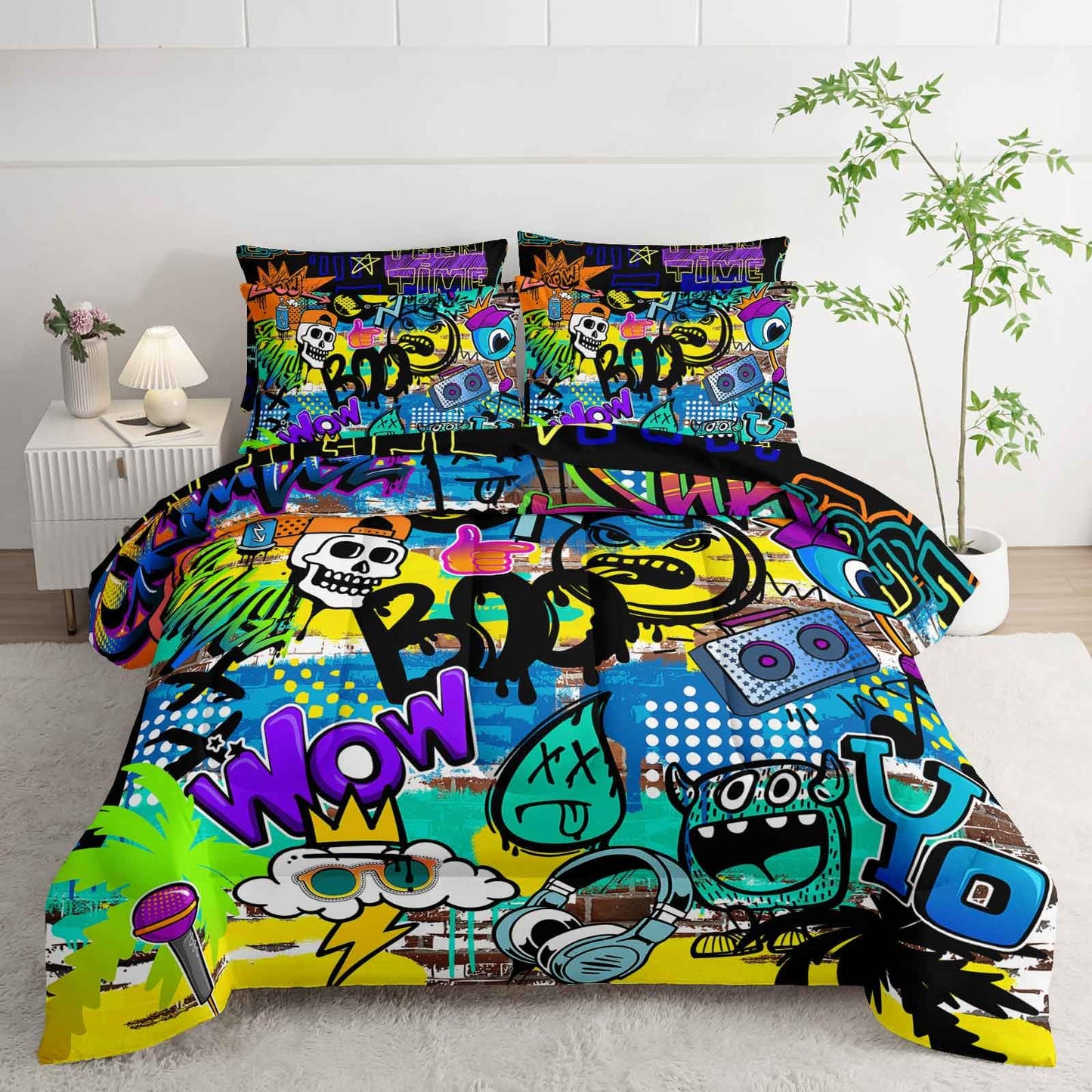 AILONEN Cartoon Skull Bedding Set Full Size 7Pcs - Hip Hop Graffiti Bed in a Bag Soft Microfiber,Colorful Comforter & Fitted Sheet & Flat Sheet & 2 Pillowcases,2 Pillow Shams