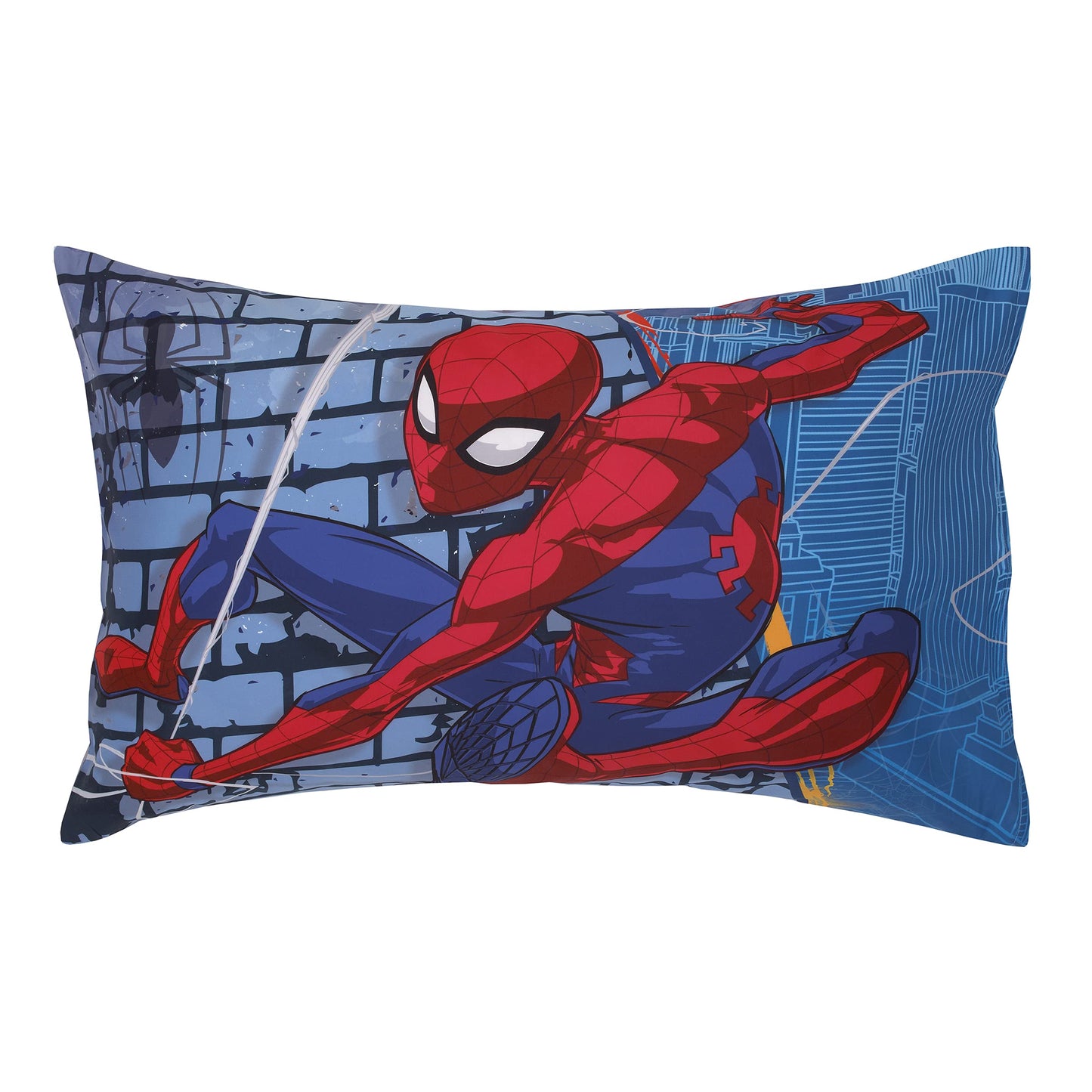 Disney Marvel Spiderman Wall Crawler Red, White, and Blue Spider Webs 4 Piece Toddler Bed Set - Comforter, Fitted Bottom Sheet, Flat Top Sheet, and Reversible Pillowcase